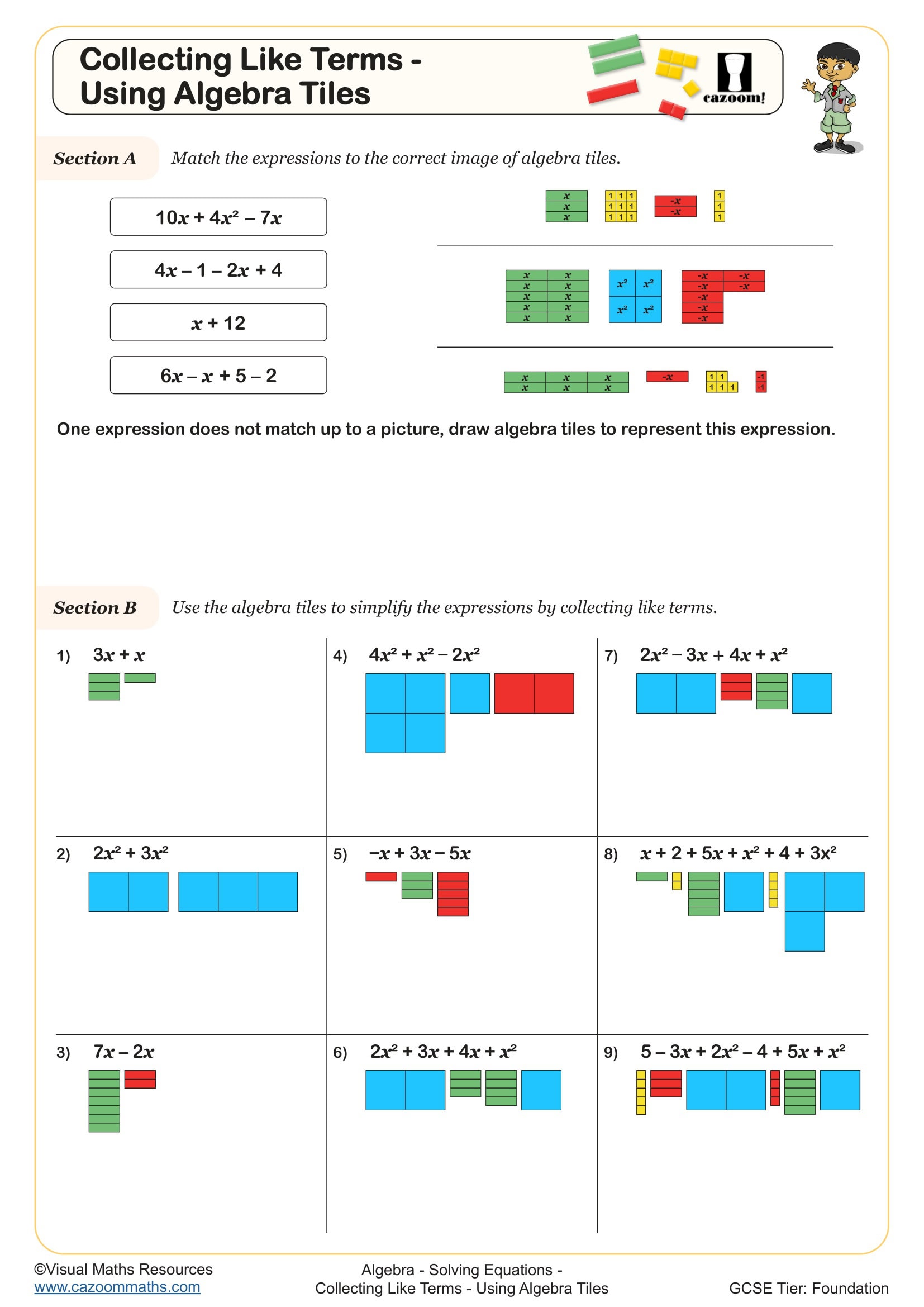 Preview of Collecting Like Terms - Using Algebra Tiles