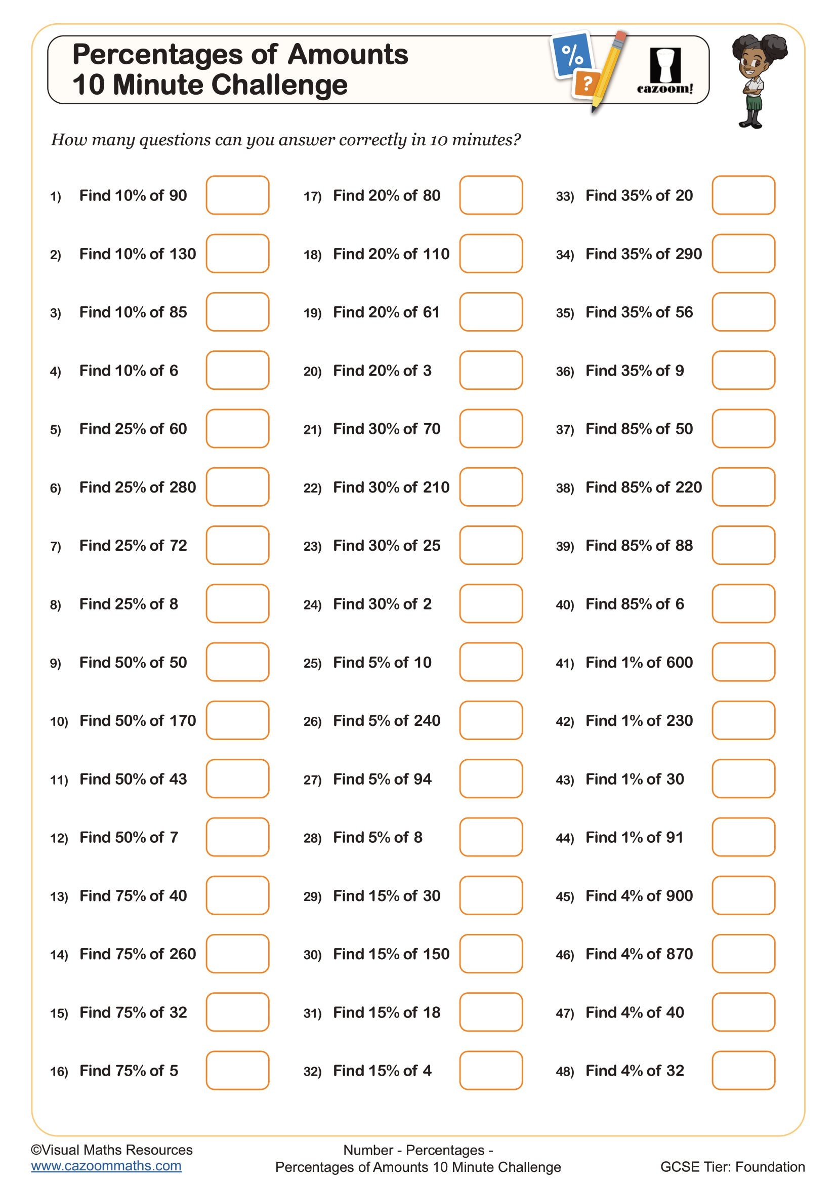 Preview of Percentages of Amounts 10 Minute Challenge