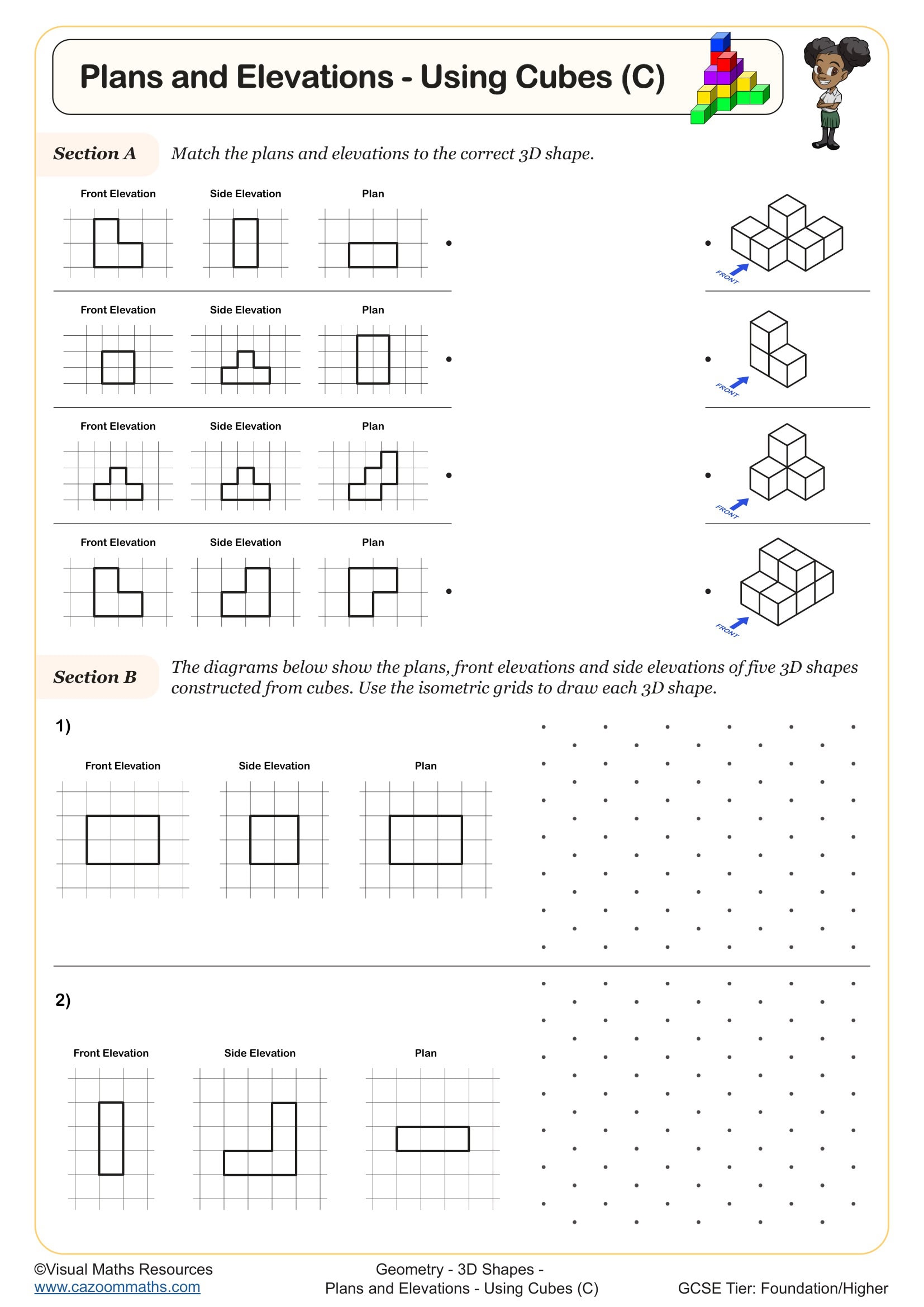 Cazoom Maths Plans And Elevations Using Cubes 28C29 Worksheet