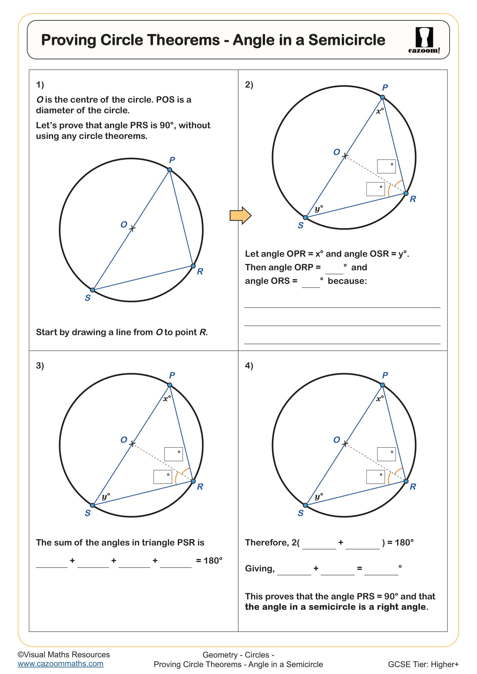 Cazoom Maths Proving Circle Theorems Angle In A Semicircle Worksheet