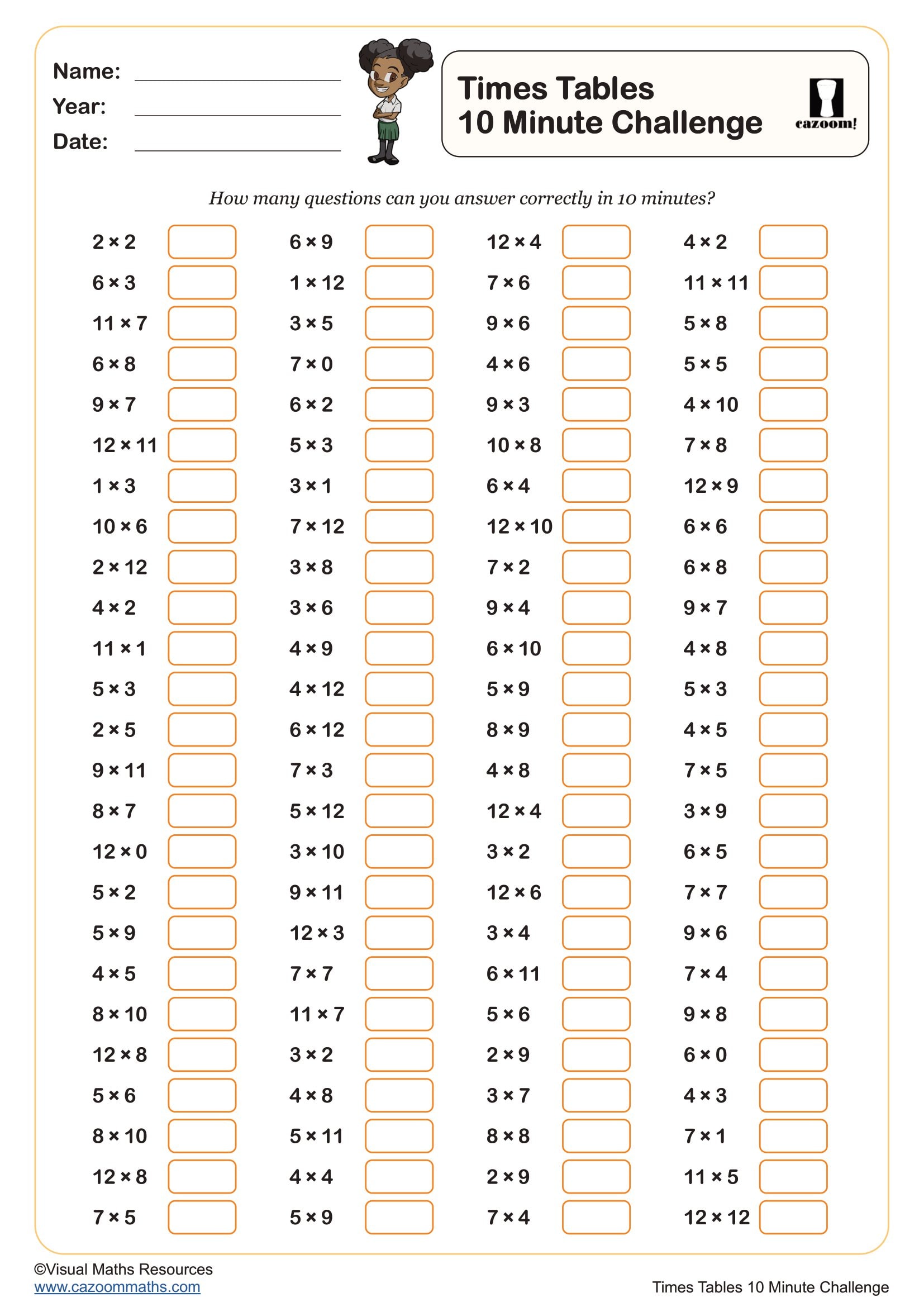 Preview of Times Tables 10 minute Challenge