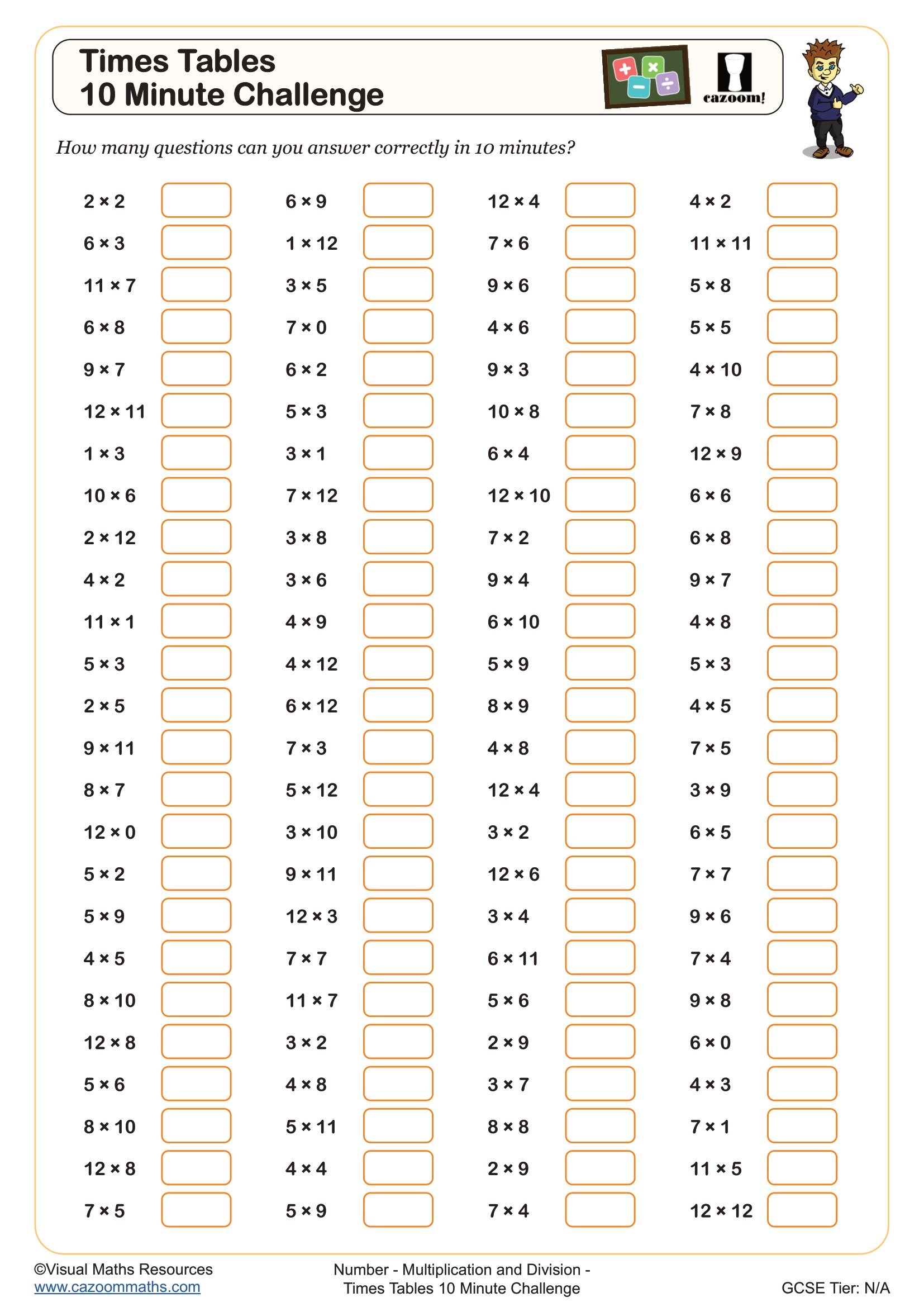 Times Tables 10 minute Challenge Worksheet Fun and Engaging Year 7