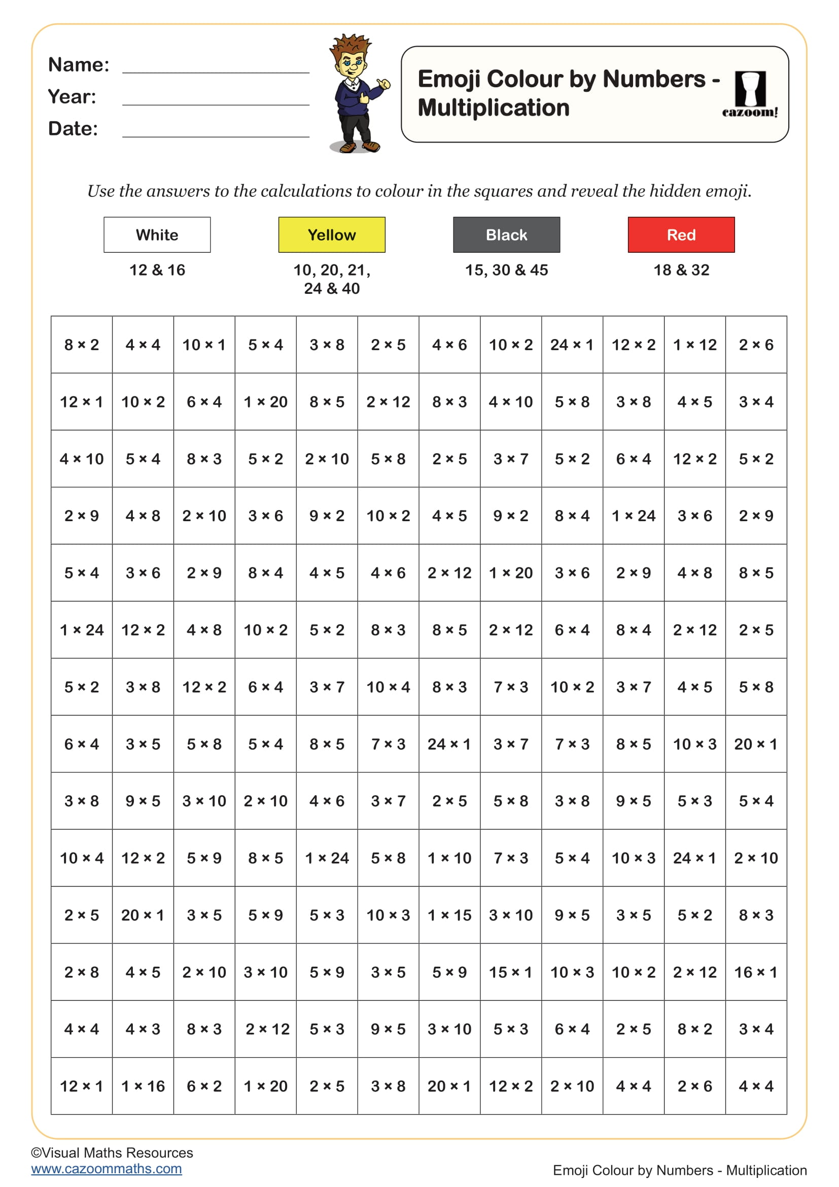 Preview of Emoji Colour by Numbers - Multiplication