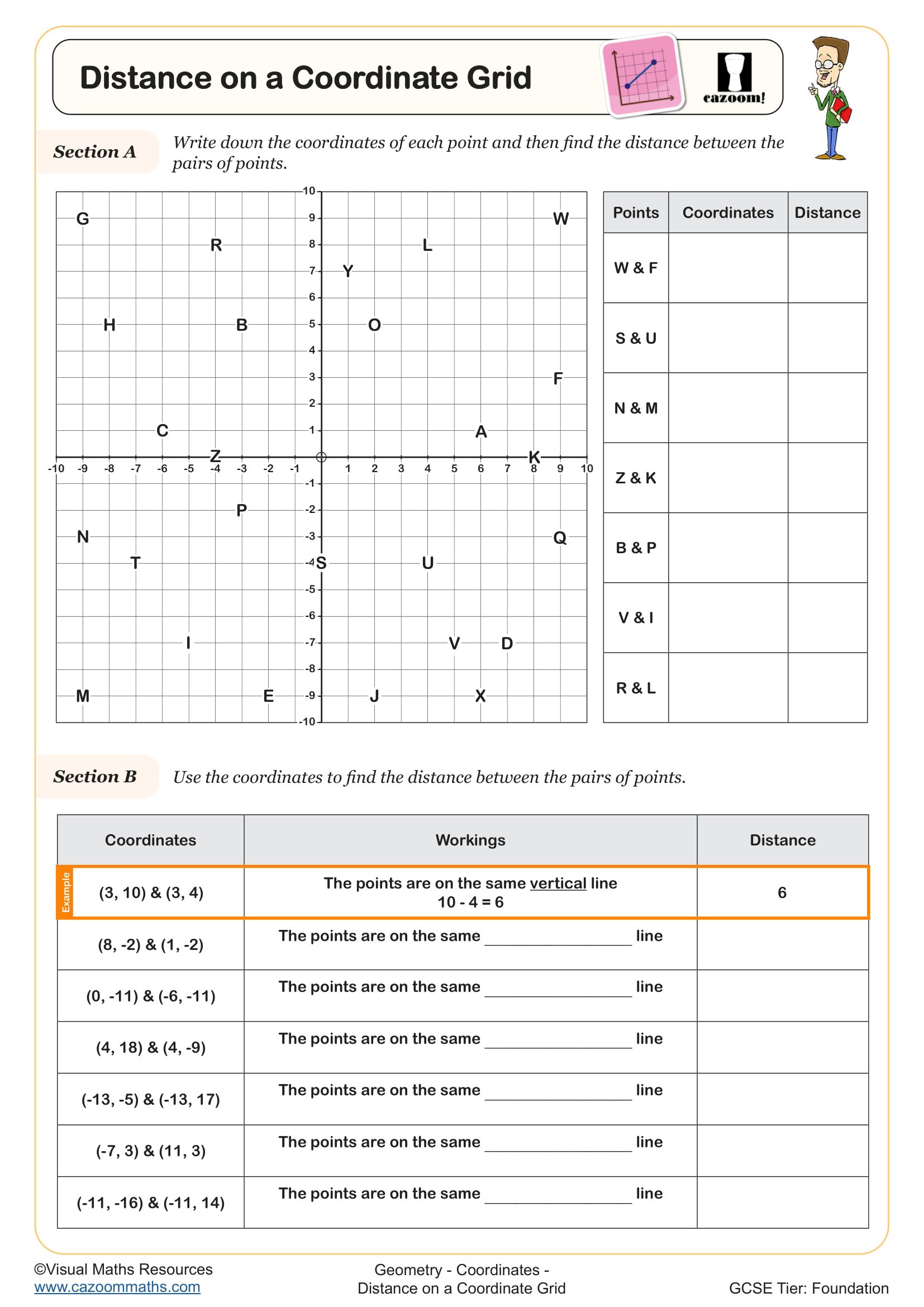 Cazoom Maths Distance On A Coordinate Grid Worksheet