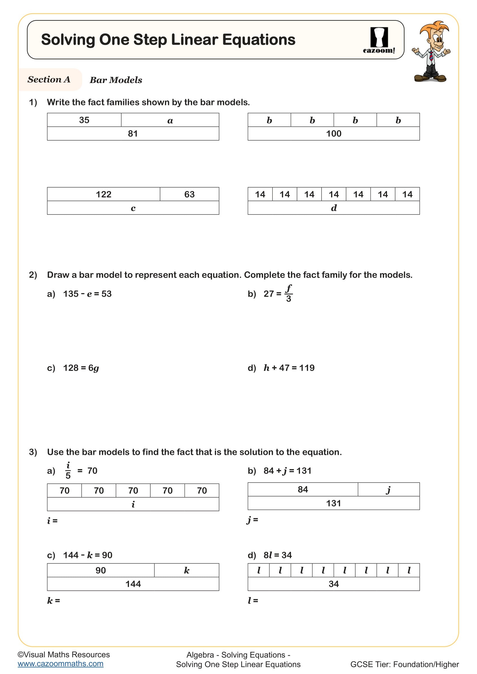 Cazoom Maths Solving One Step Linear Equations Worksheet