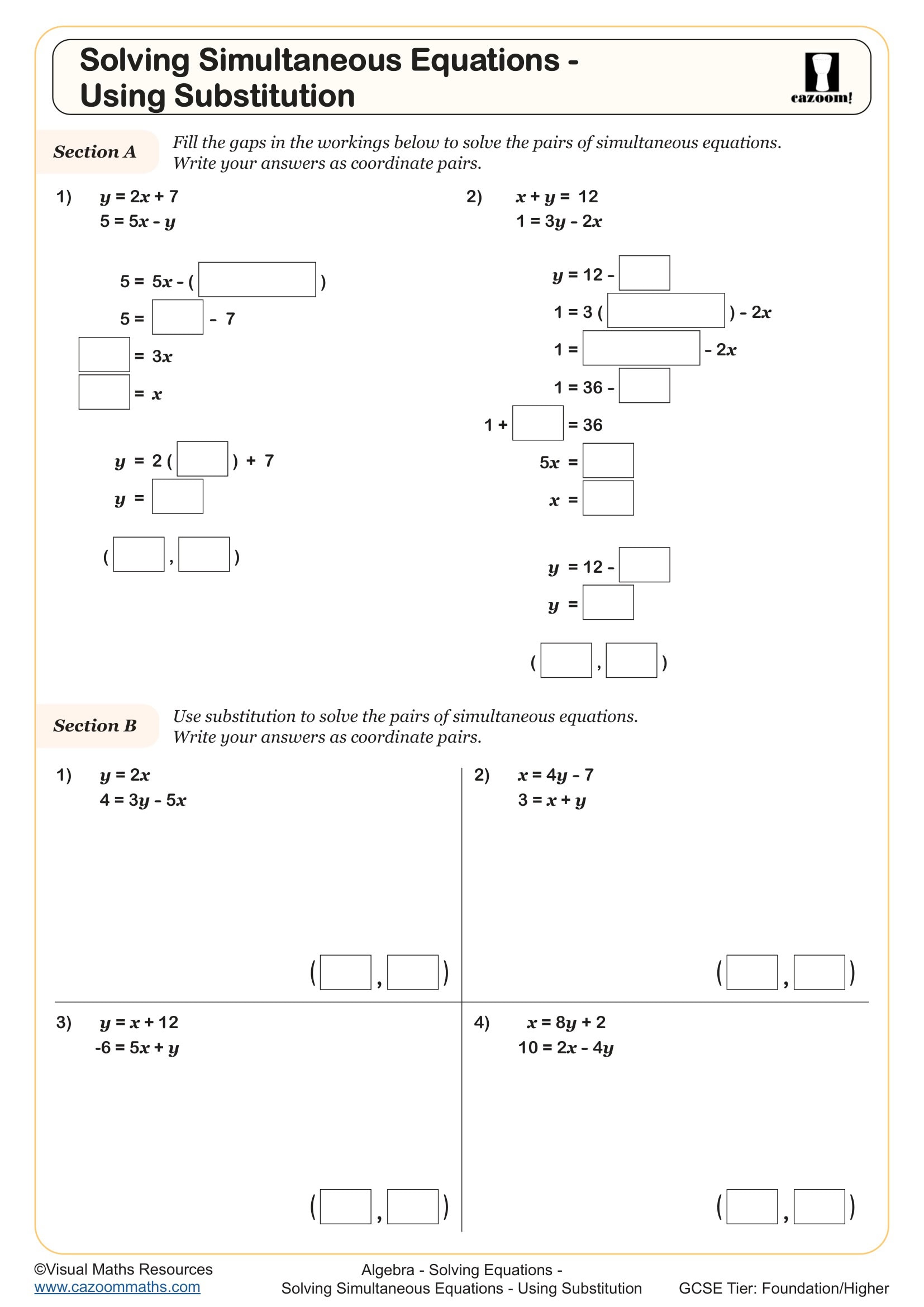 Preview of Solving Simultaneous Equations - Using Substitution