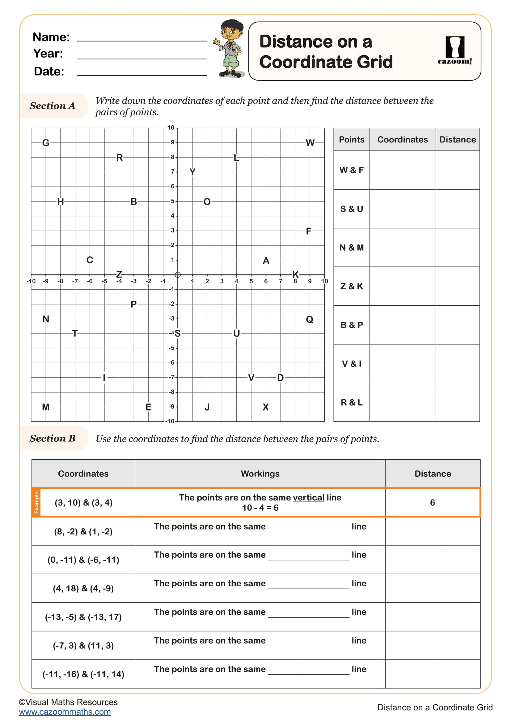 Cazoom Maths Distance On A Coordinate Grid Worksheet