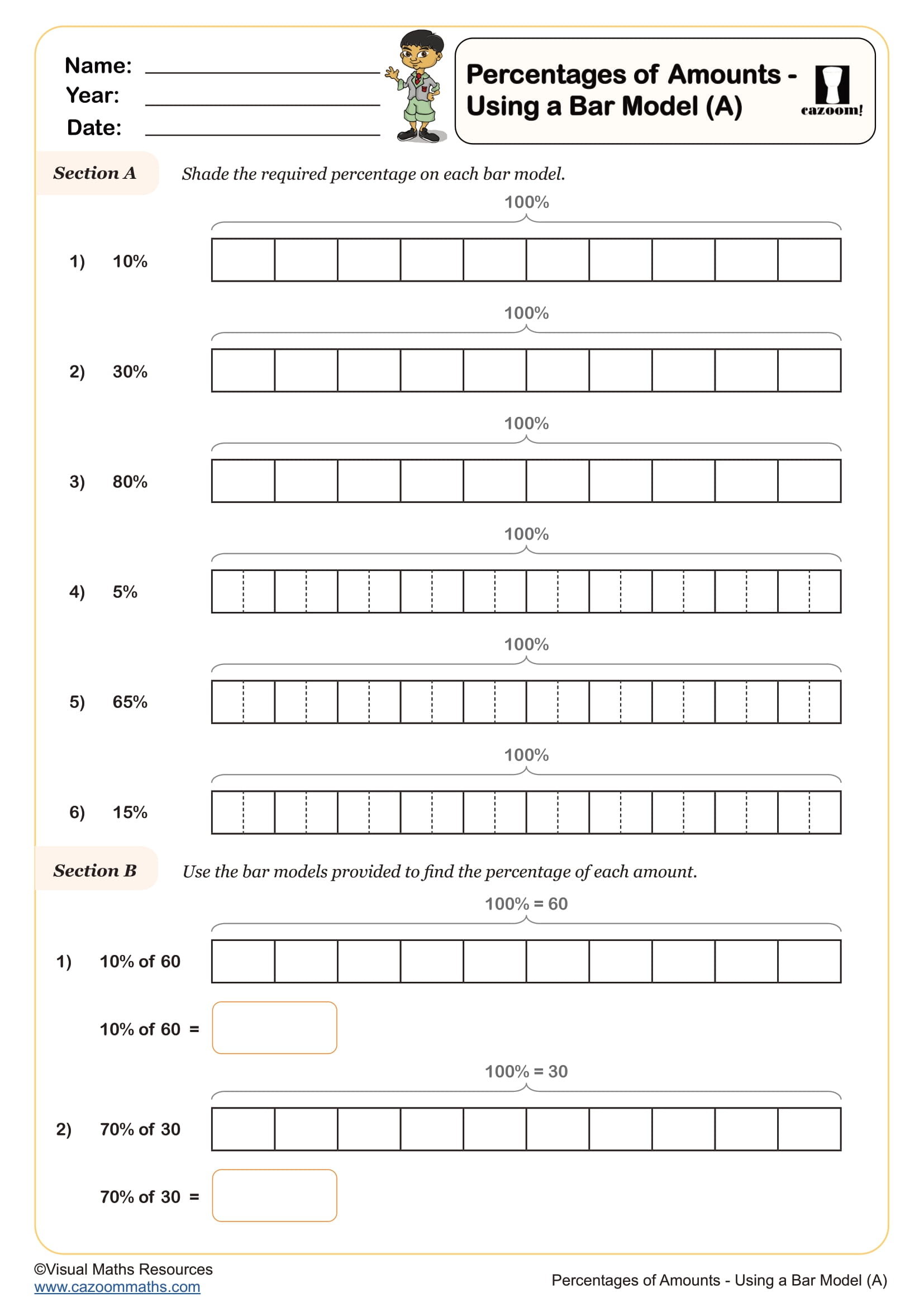 Percentages of Amounts - Using a Bar Model (B) Worksheet suitable for Students in Year 6