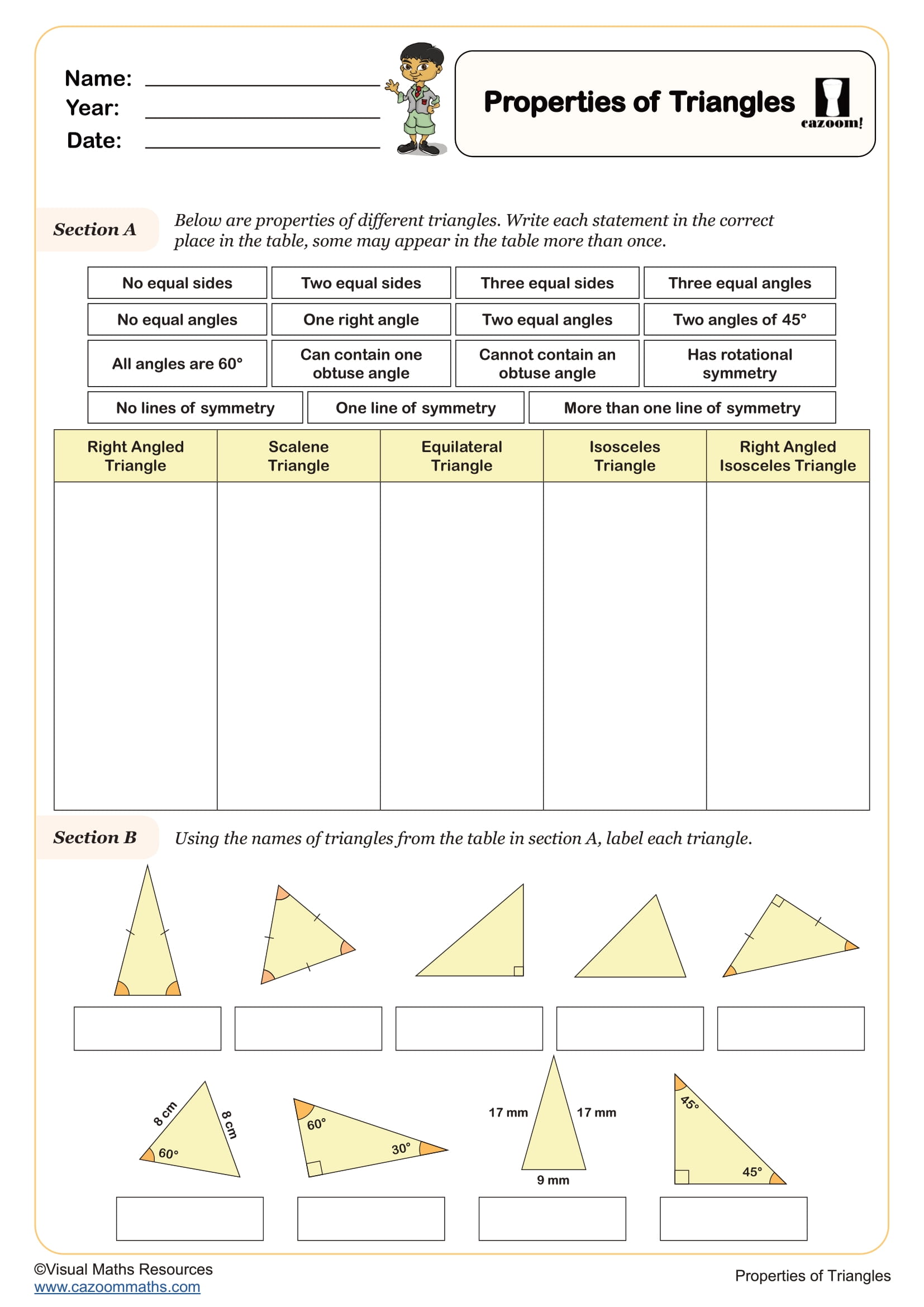 Cazoom Maths Properties Of Triangles Worksheet 1