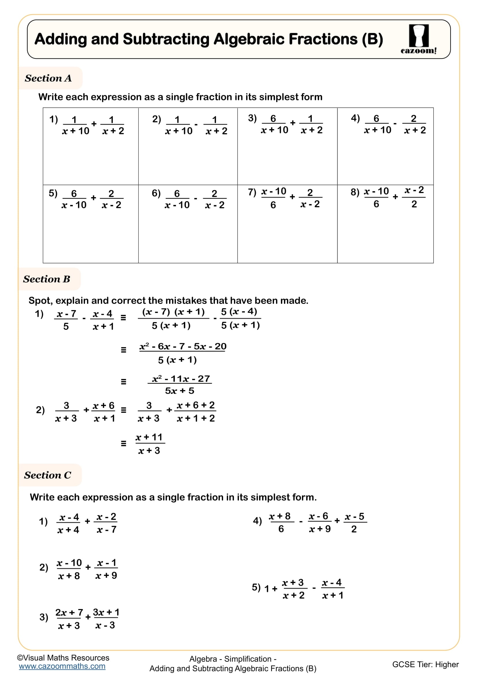 Preview of Add and Subtract Algebraic Fractions (B)