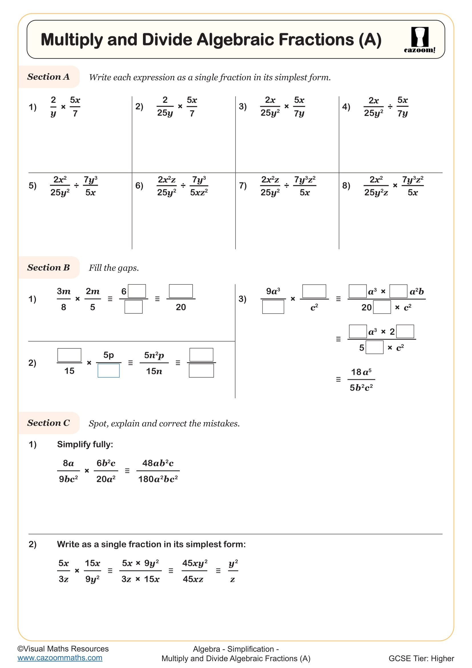 Preview of Multiply and Divide Algebraic Fractions (A)