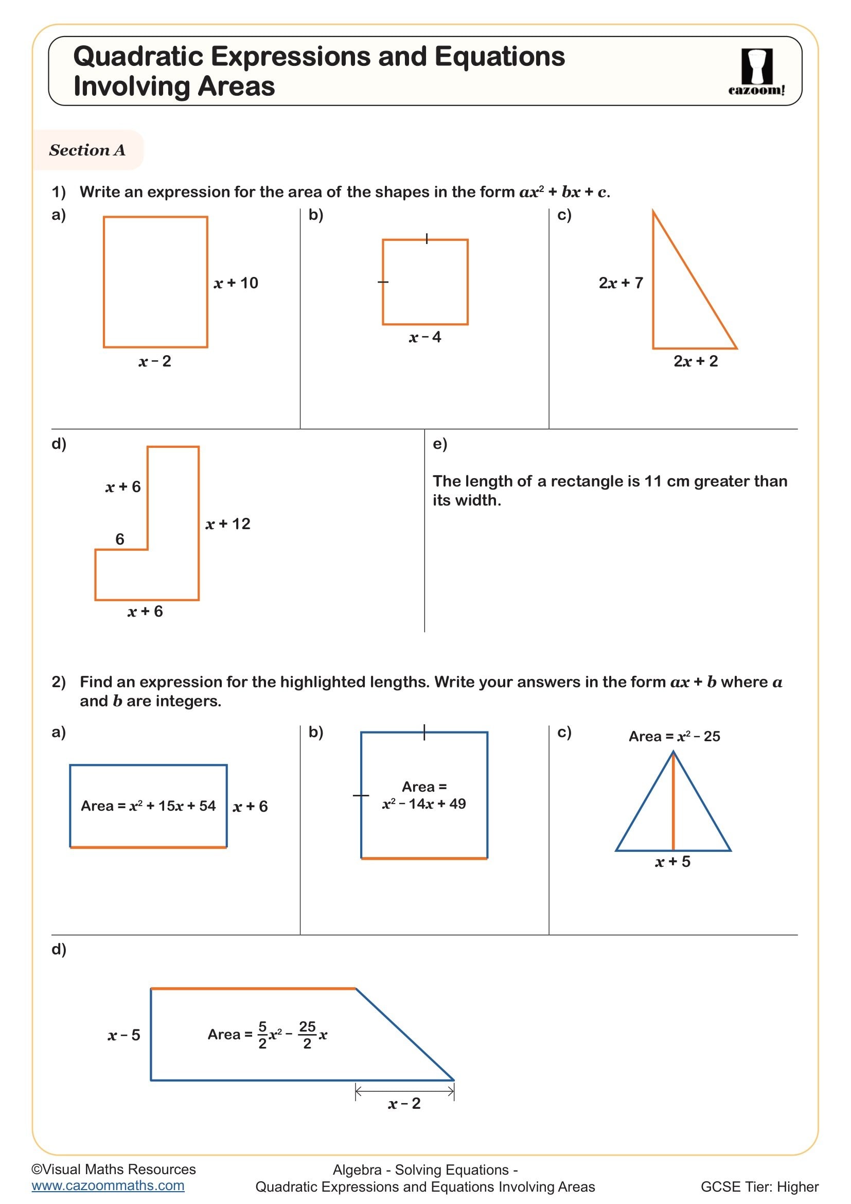 Cazoom Maths Quadratic Expressions And Equations Involving Areas Worksheet