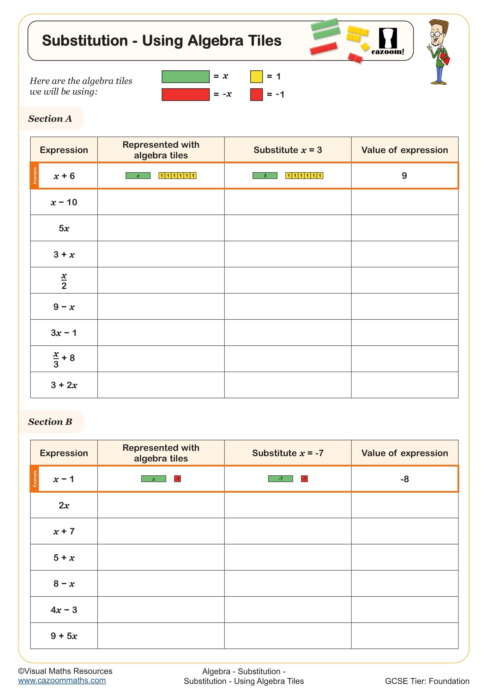 Preview of Substitution - Using Algebra Tiles