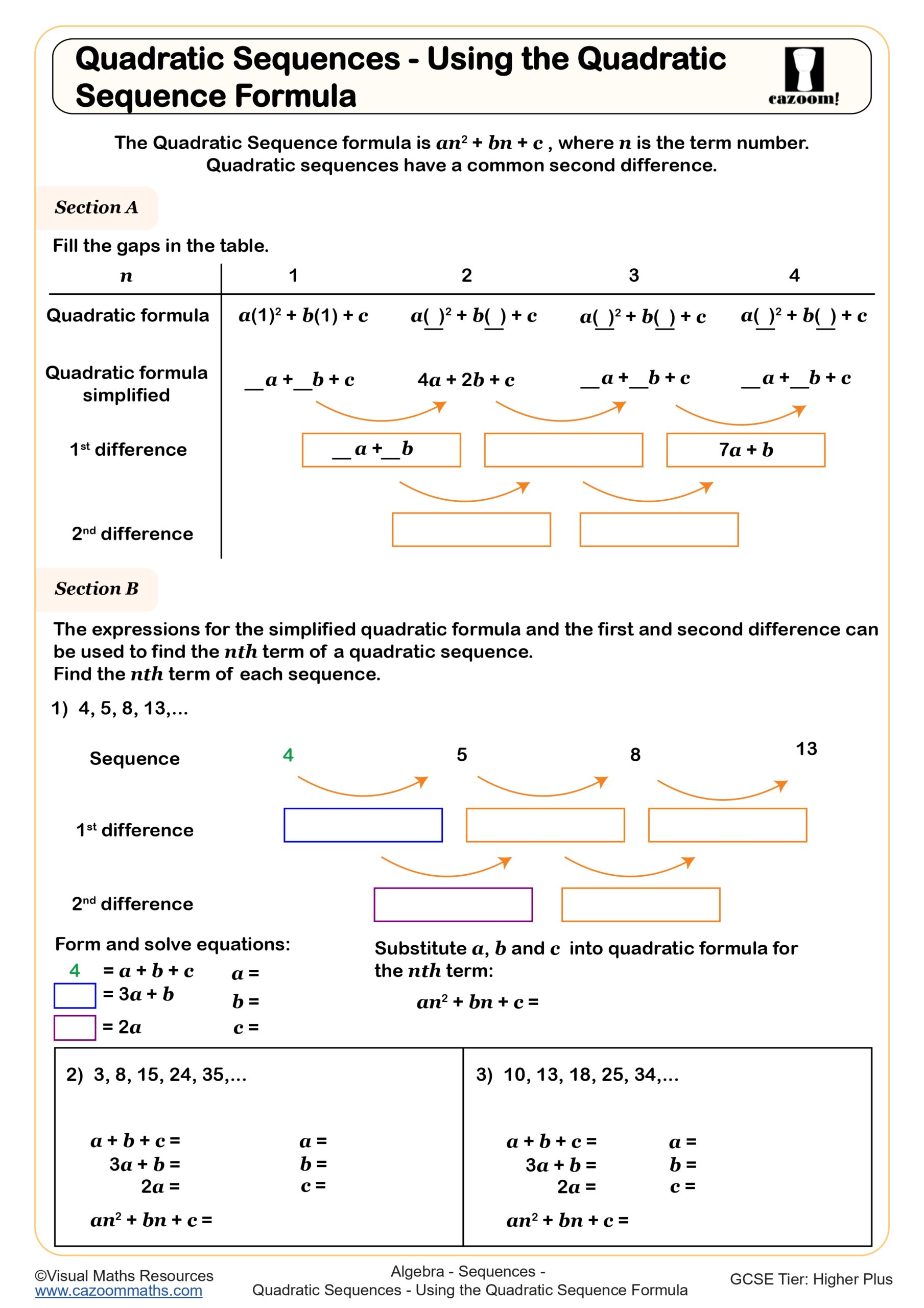 Preview of Quadratic Sequences - Using the Quadratic Sequence Formula