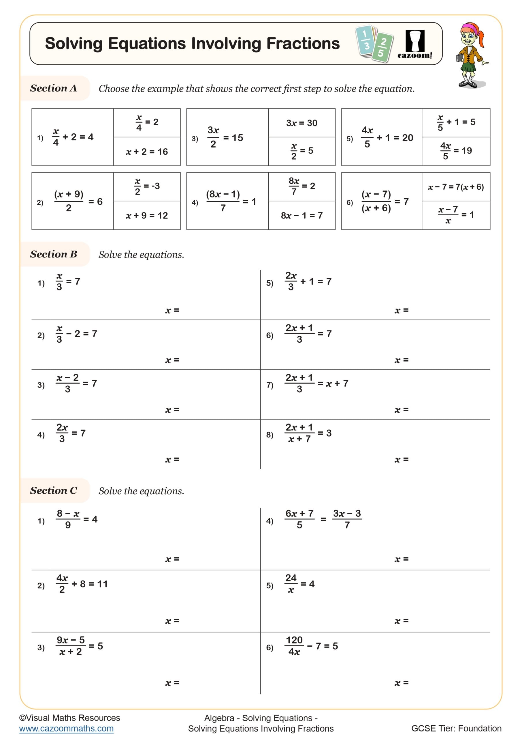 Cazoom Maths Solving Equations Solving Equations Involving Fractions Worksheet Scaled