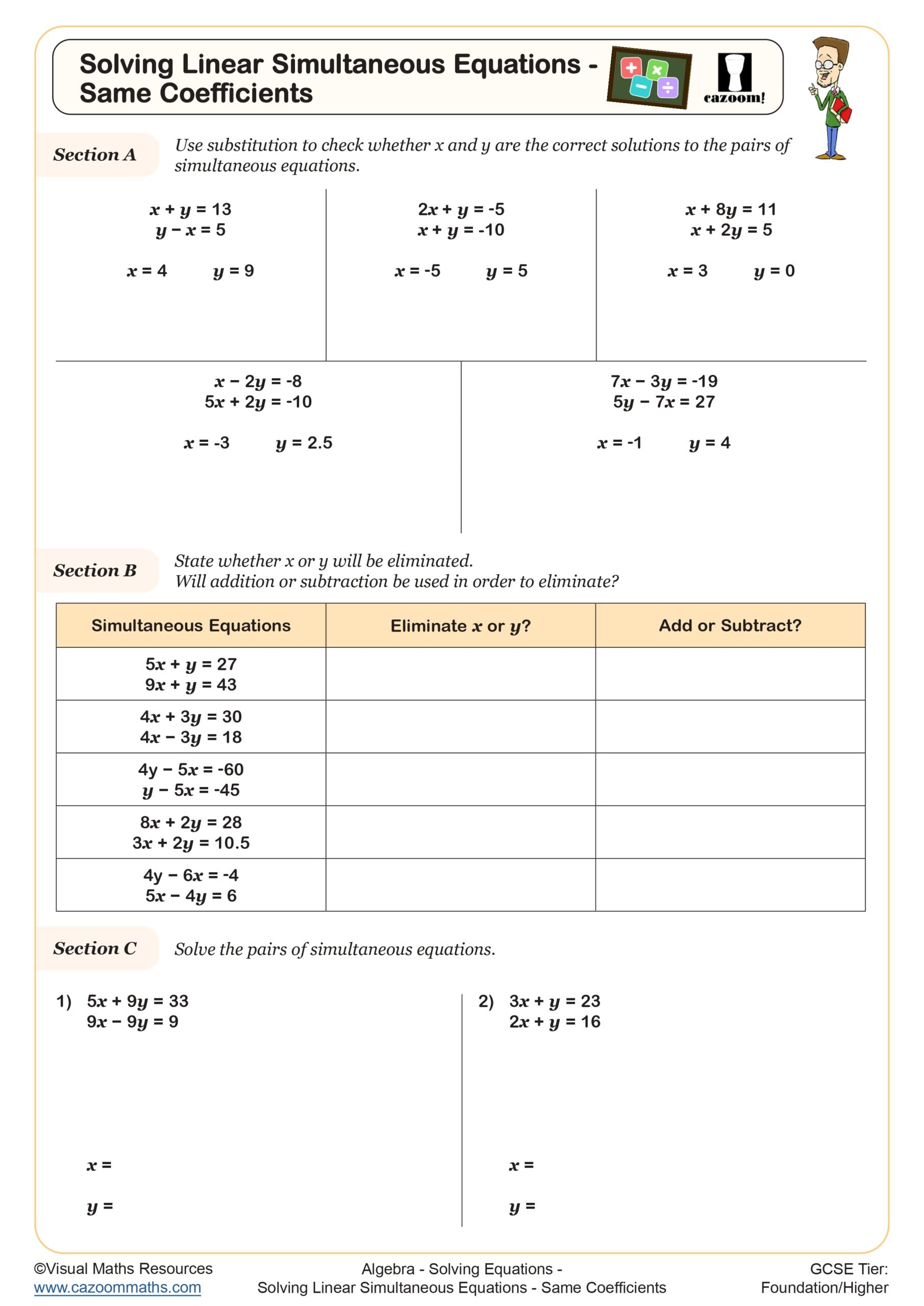 Cazoom Maths Solving Equations Solving Linear Simultaneous Equations Same Coefficients Worksheet Scaled