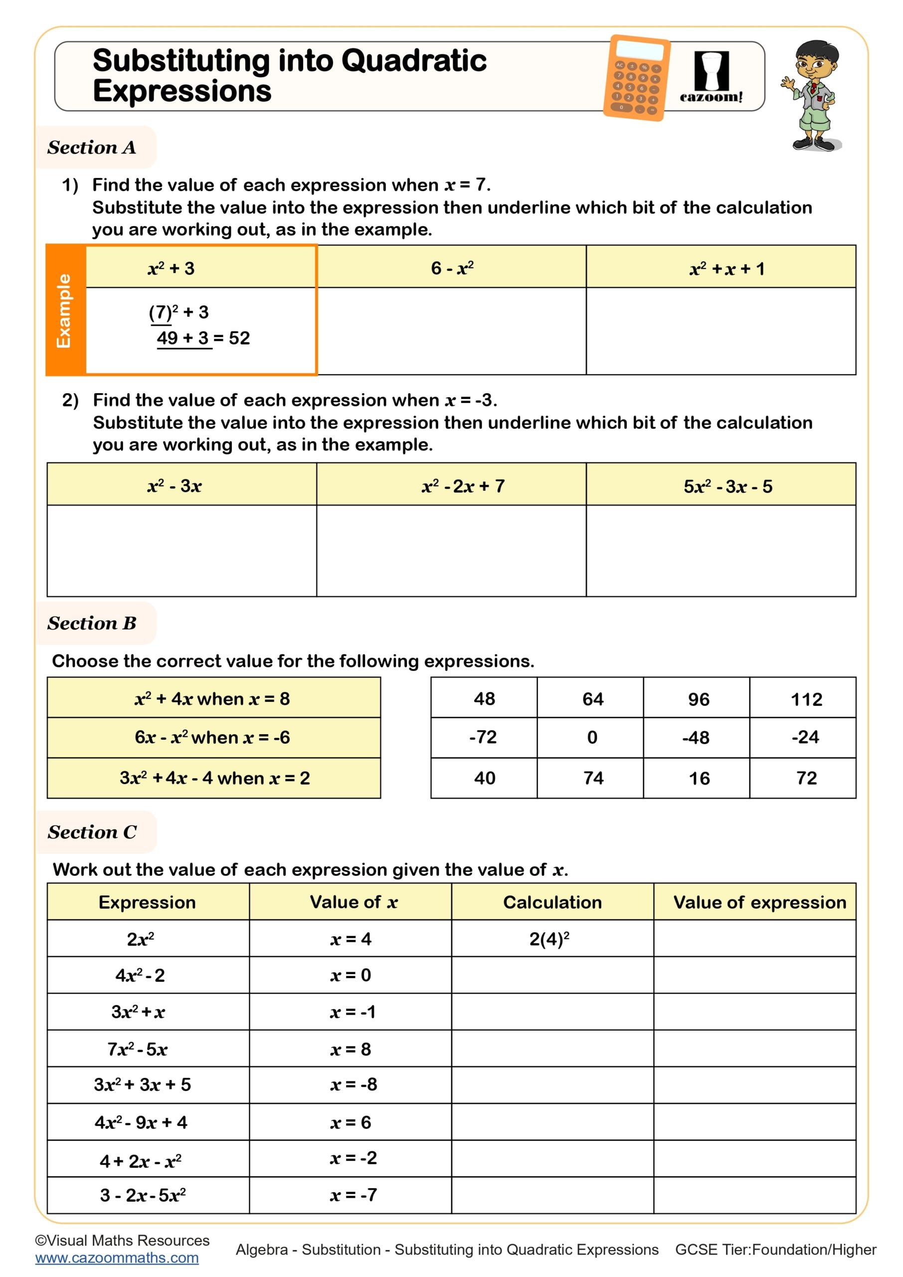 Preview of Substituting into Quadratic Expressions