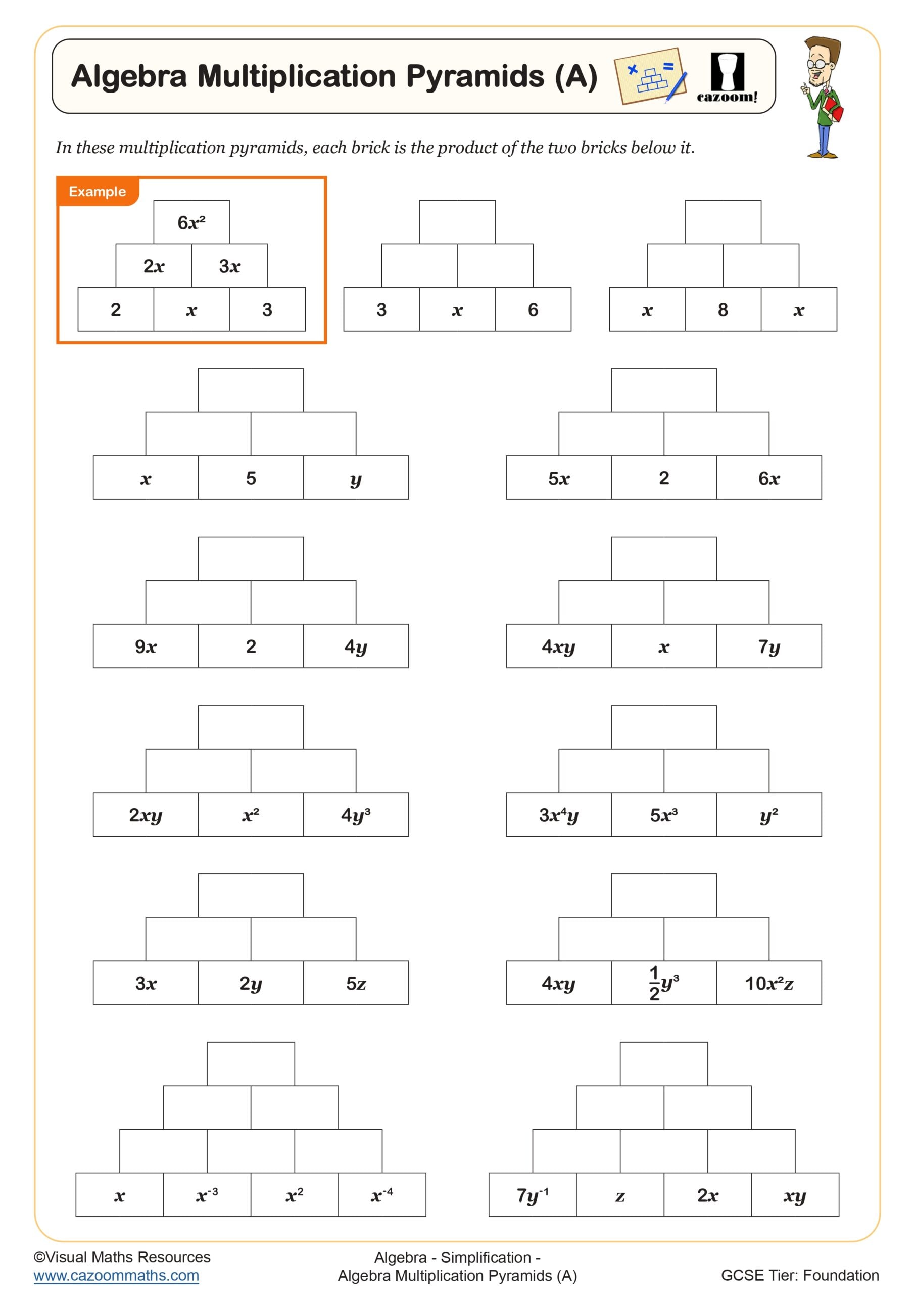 Preview of Algebra Multiplication Pyramids (A)