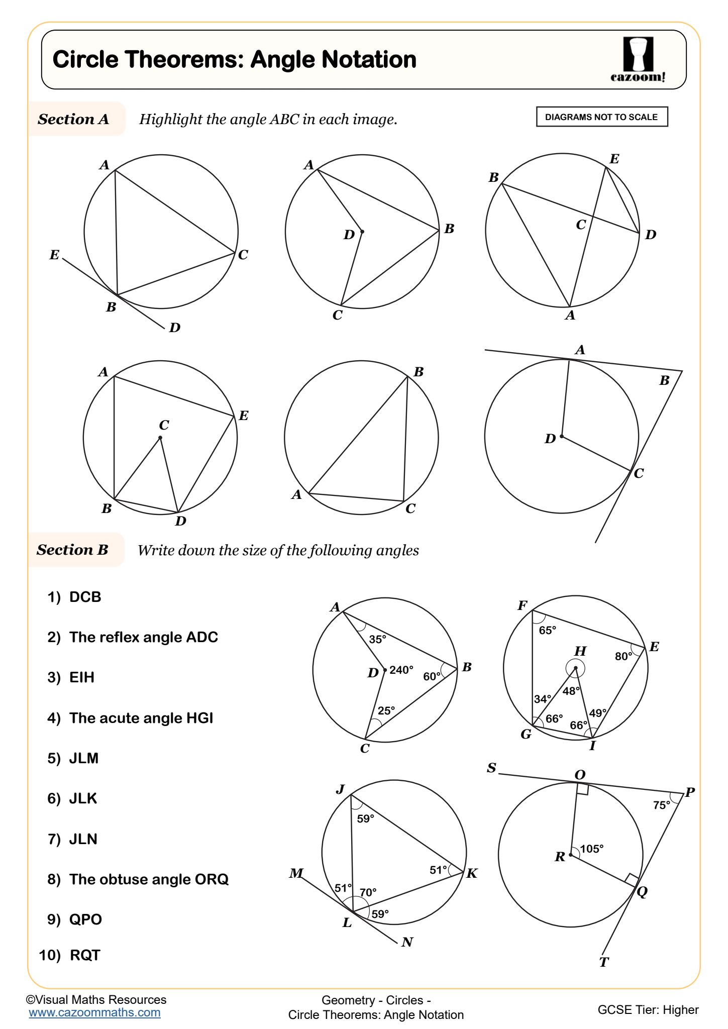 Cazoom Maths Circle Circle Theorems Angle Notation Worksheet