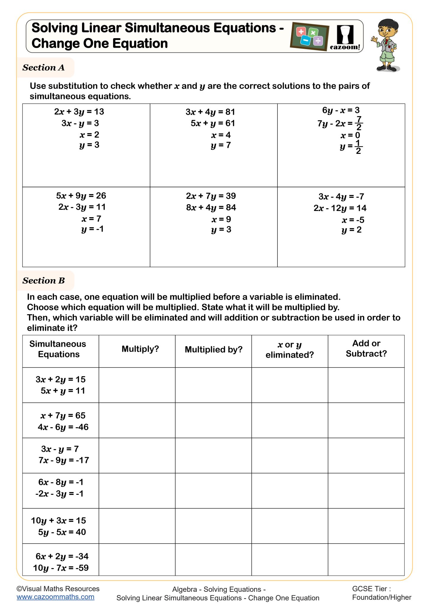 Cazoom Maths Solving Linear Simultaneous Equations Change One Equation Worksheet