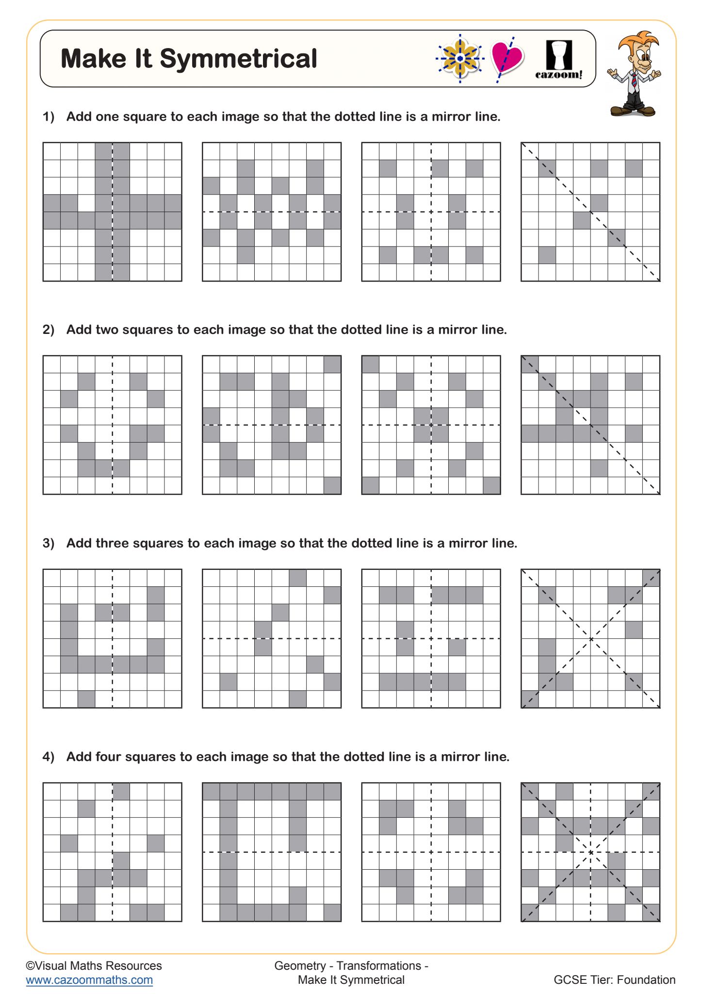 Cazoom Maths Transformations Make It Symmetrical Worksheet