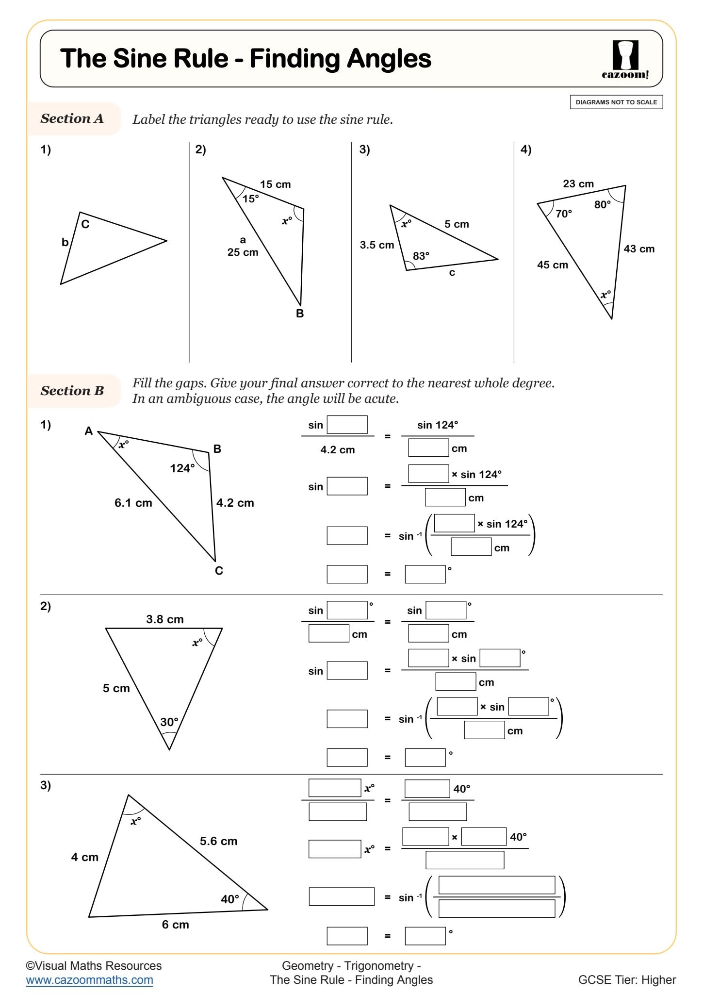 Cazoom Maths Trigonometry The Sine Rule Finding Angles Worksheet