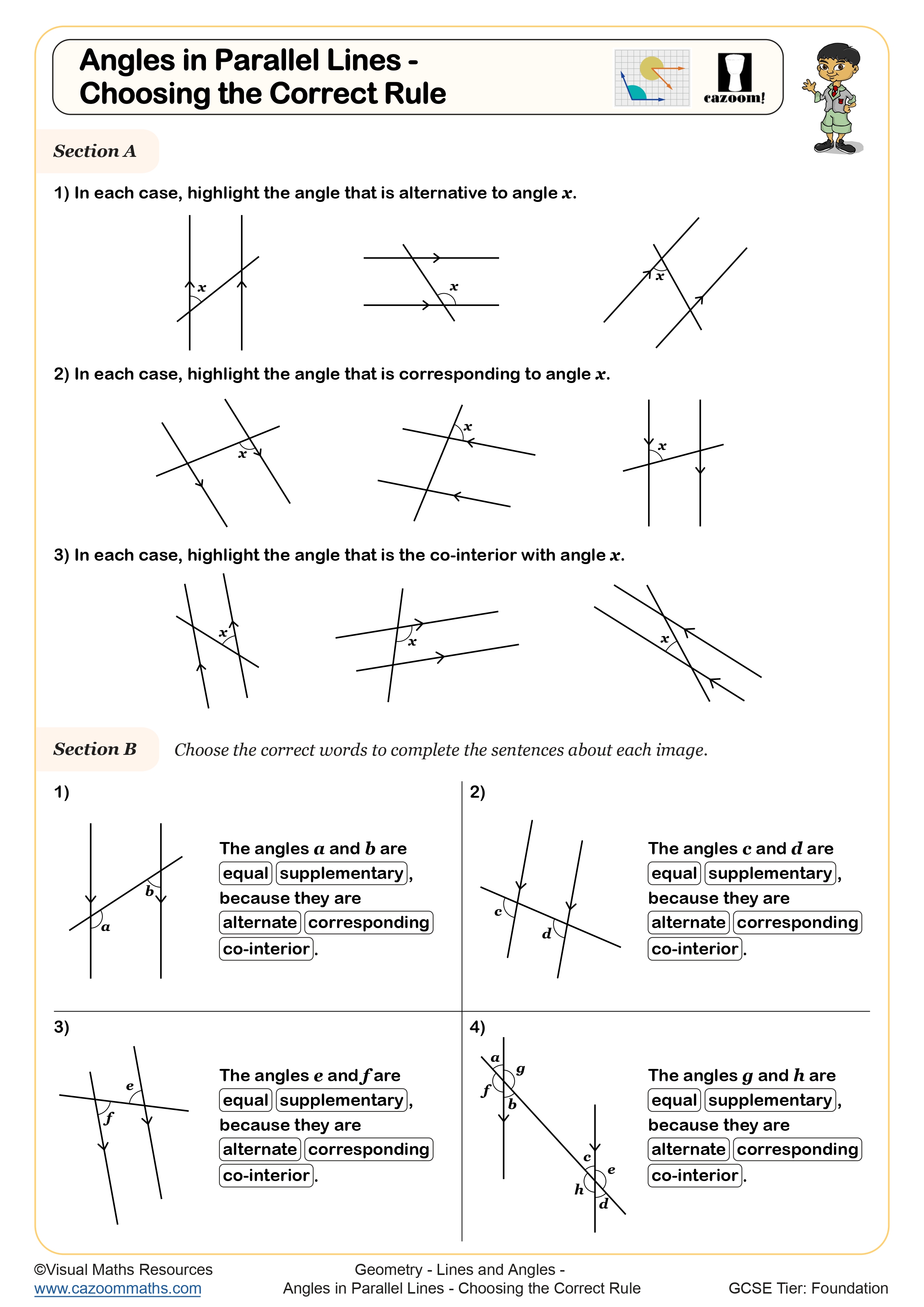 Preview of Angles in Parallel Lines - Choosing the Correct Rule