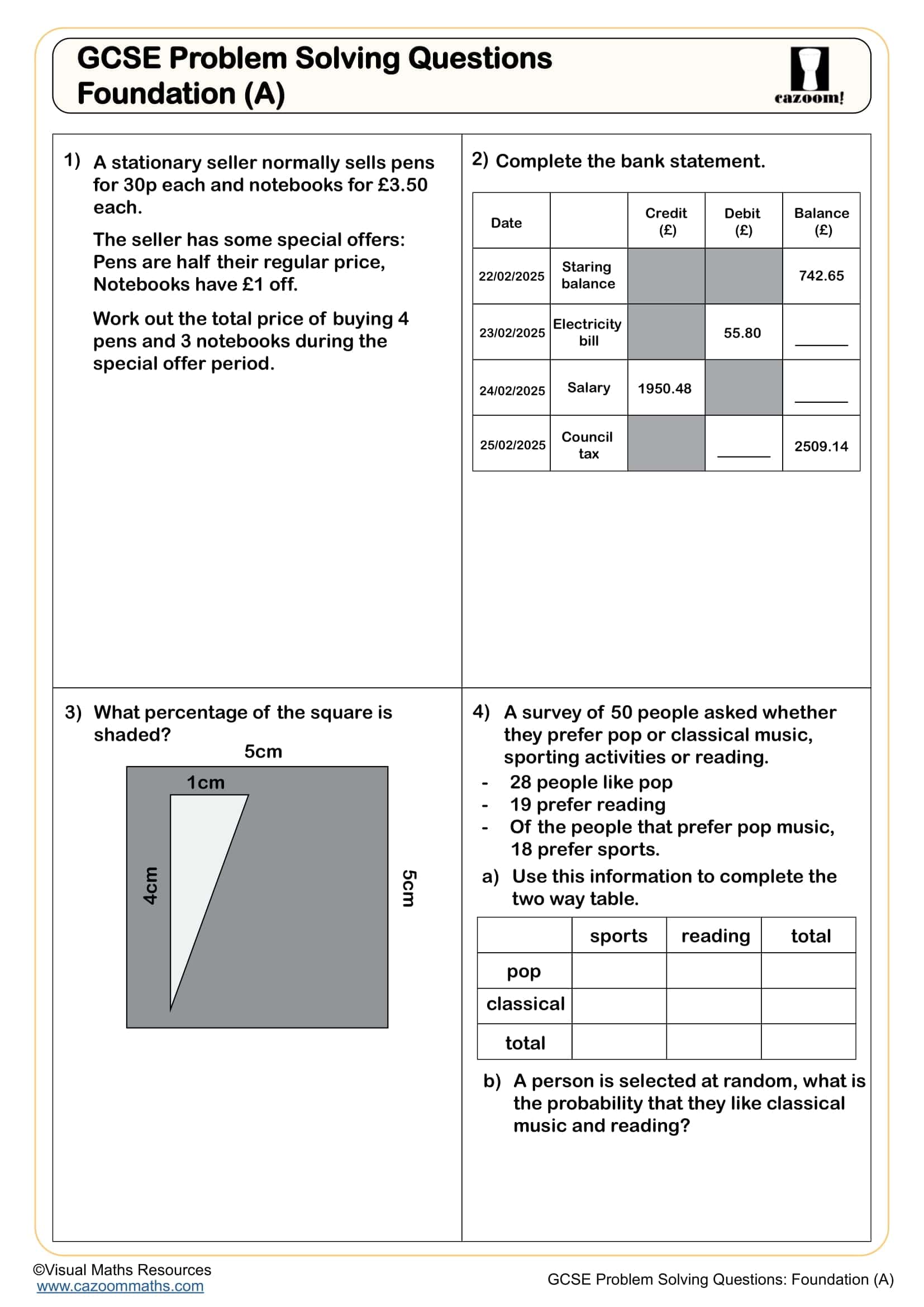 Cazoom Maths GCSE Problem Solving Questions Foundation A Worksheet
