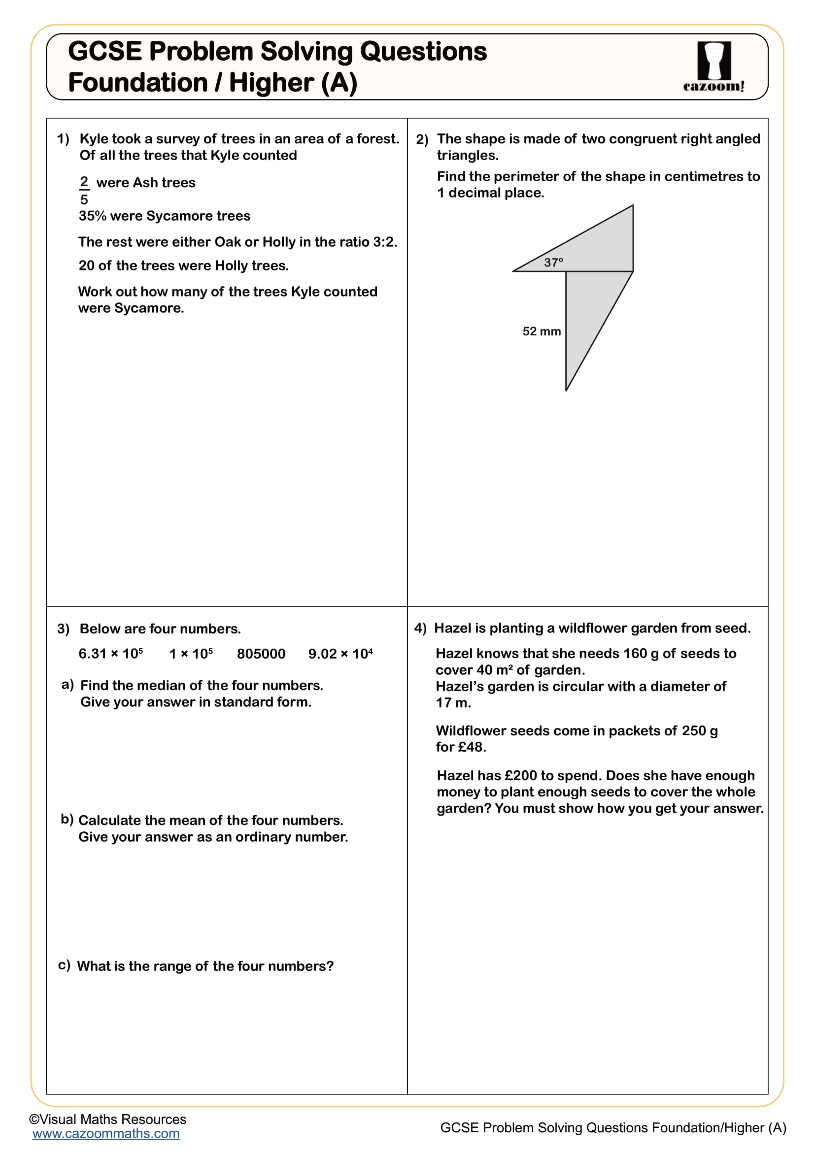 Cazoom Maths GCSE Problem Solving Questions Foundation Higher A Worksheet