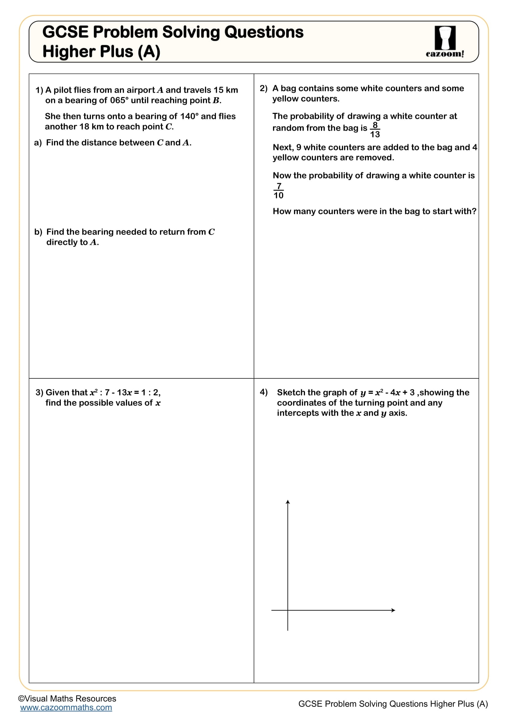 Cazoom Maths GCSE Problem Solving Questions Higher Plus A Worksheet