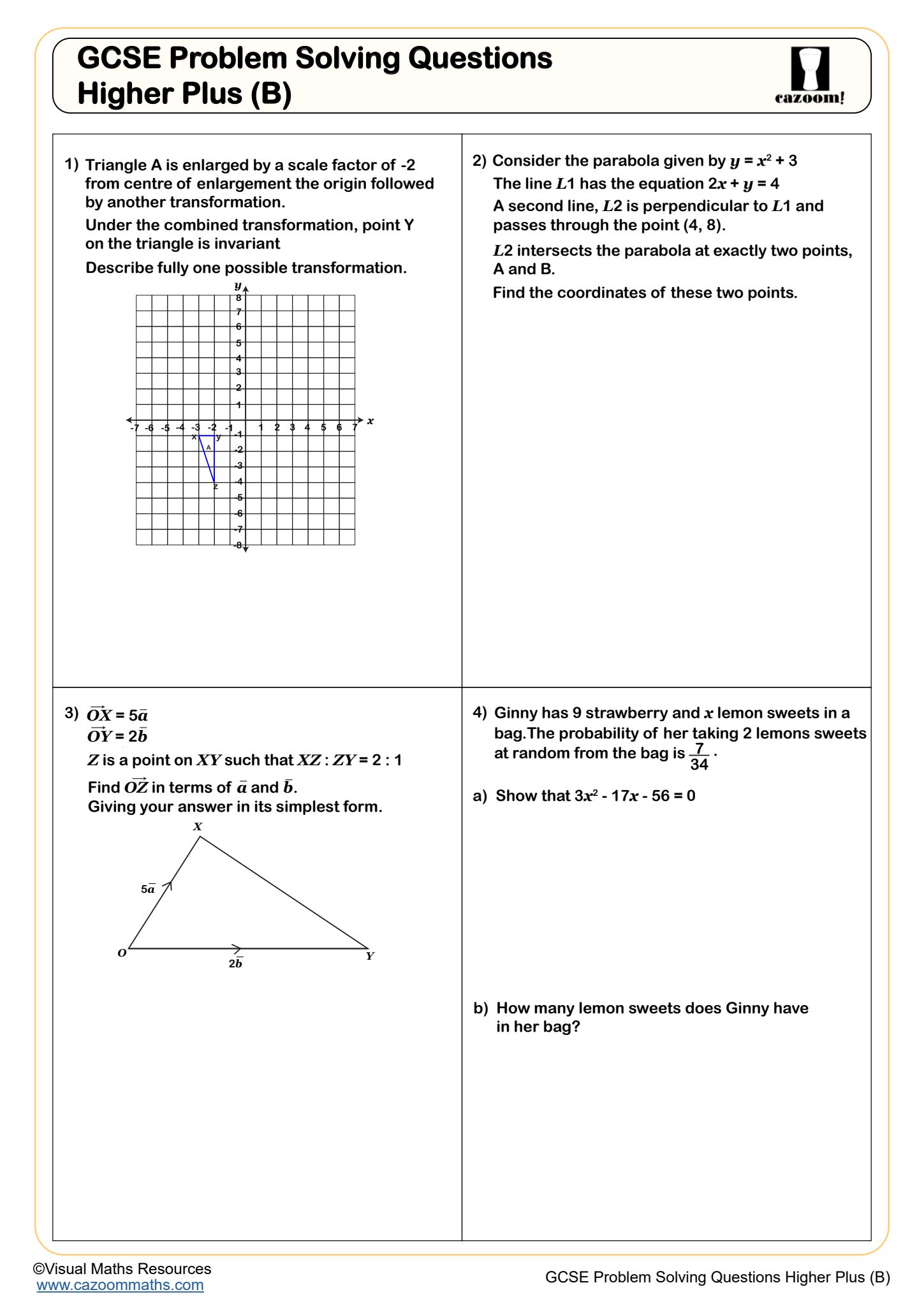 Cazoom Maths GCSE Problem Solving Questions Higher Plus B Worksheet