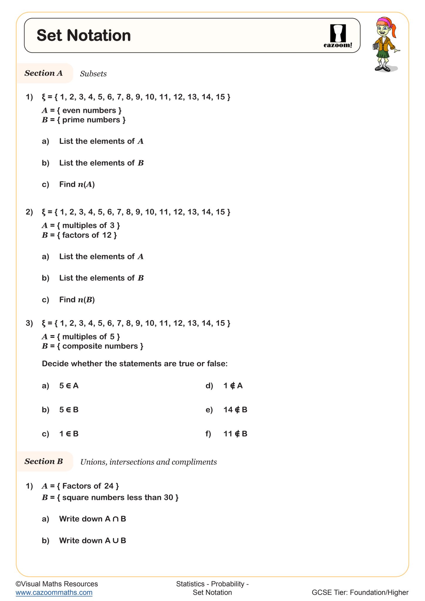 Cazoom Maths Probability Set Notation Worksheet