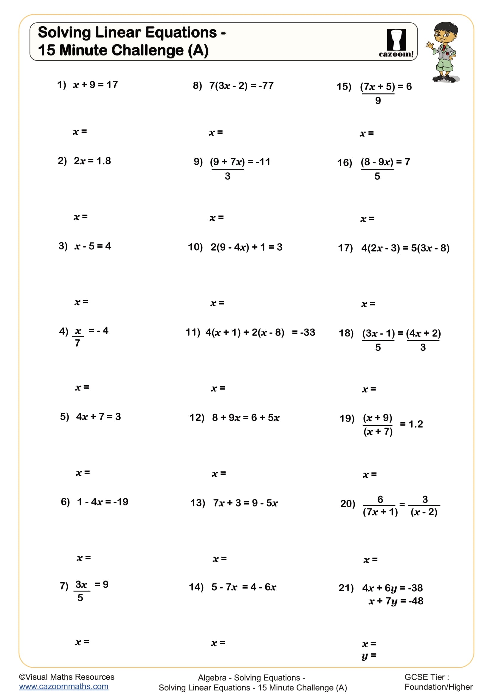 Cazoom Maths Solving Linear Equations 15 Minute Challenge A Worksheet