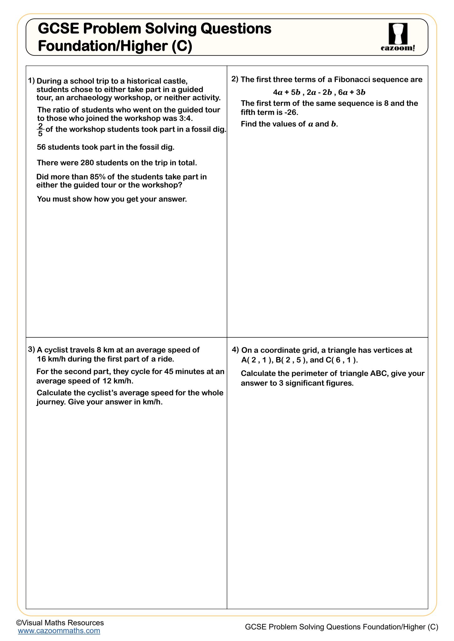 Cazoom Maths GCSE Problem Solving Questions Foundatio Higher C Worksheet
