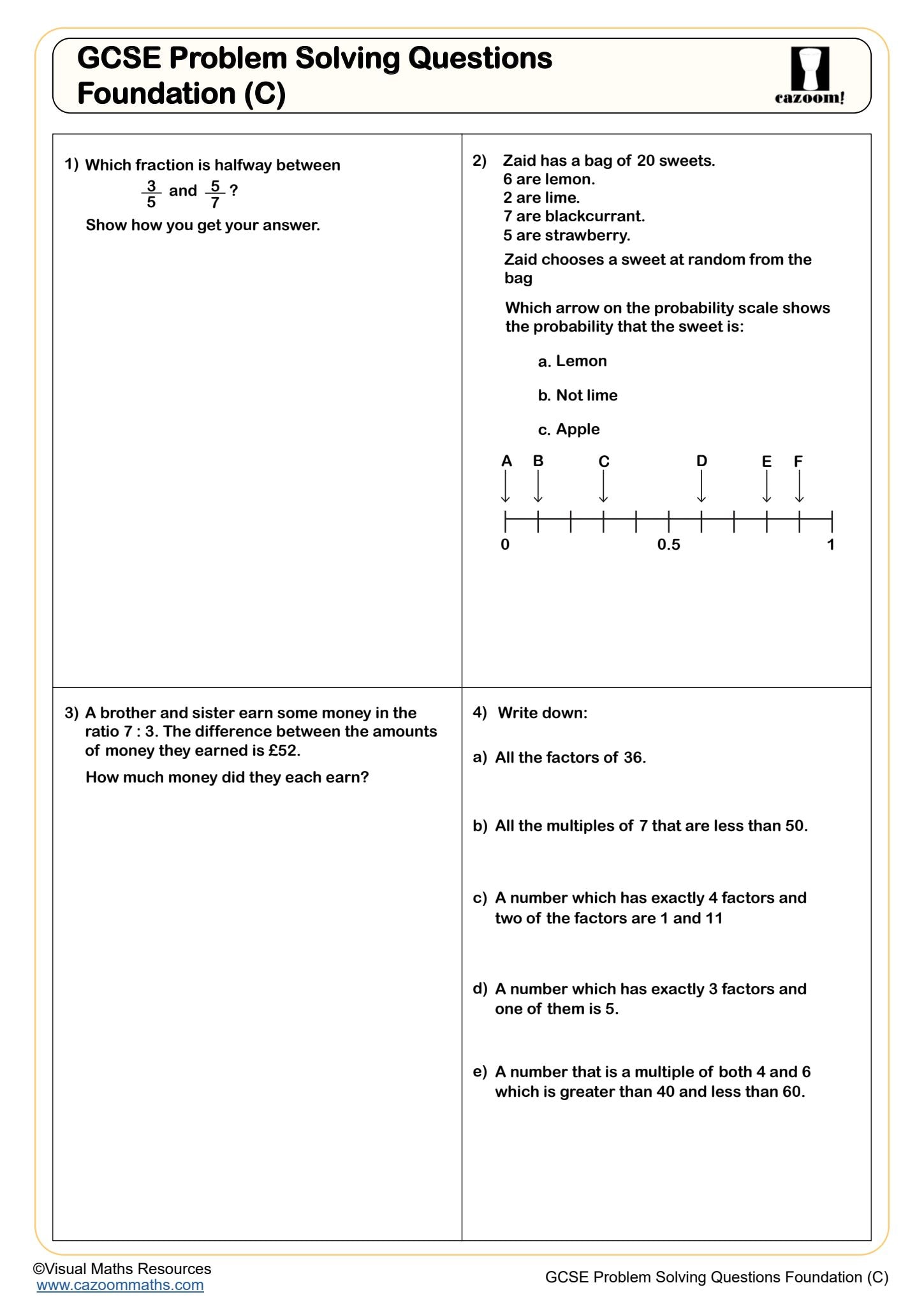 Cazoom Maths GCSE Problem Solving Questions Foundation C Worksheet