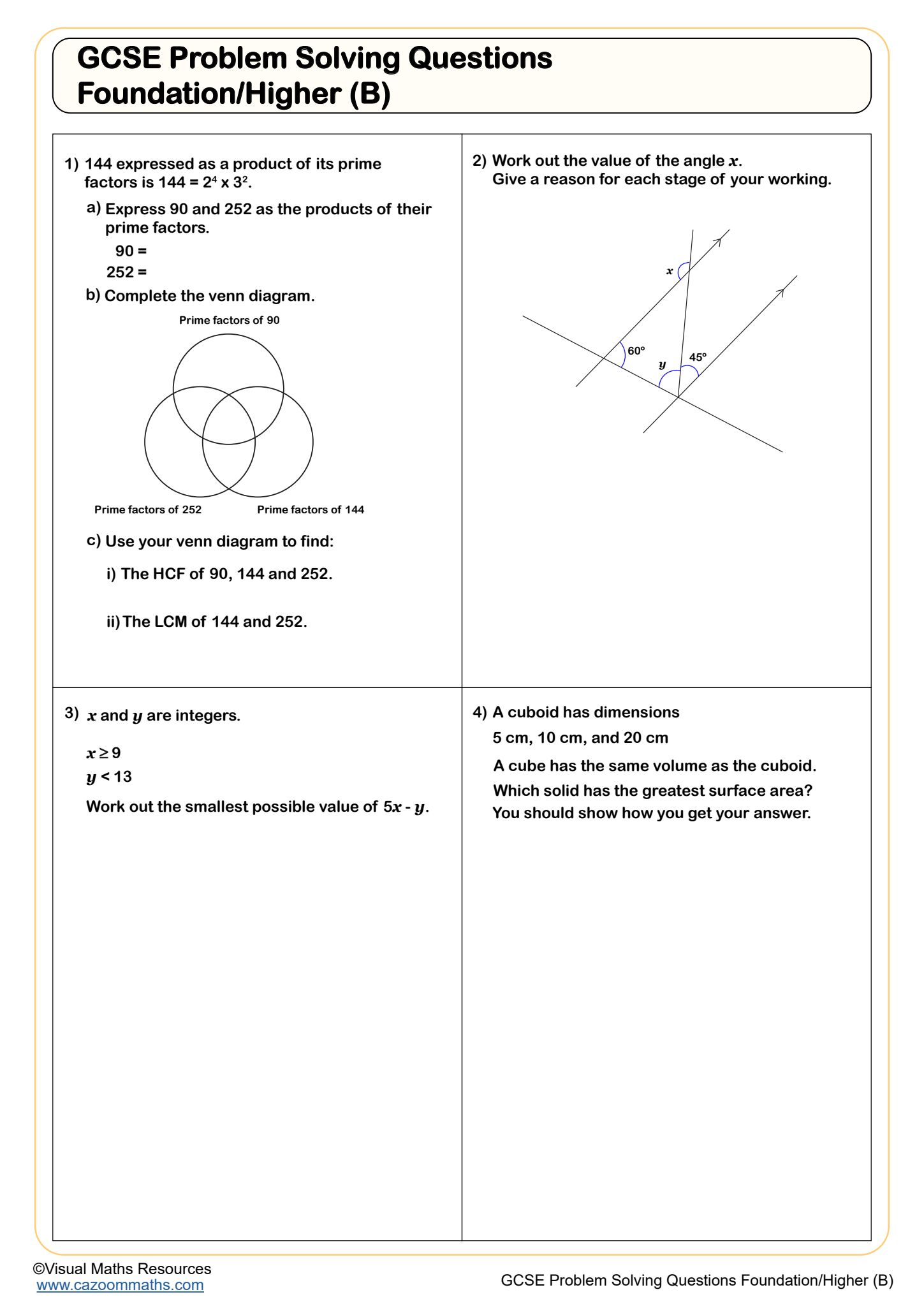 Cazoom Maths GCSE Problem Solving Questions Foundation Higher B Worksheet