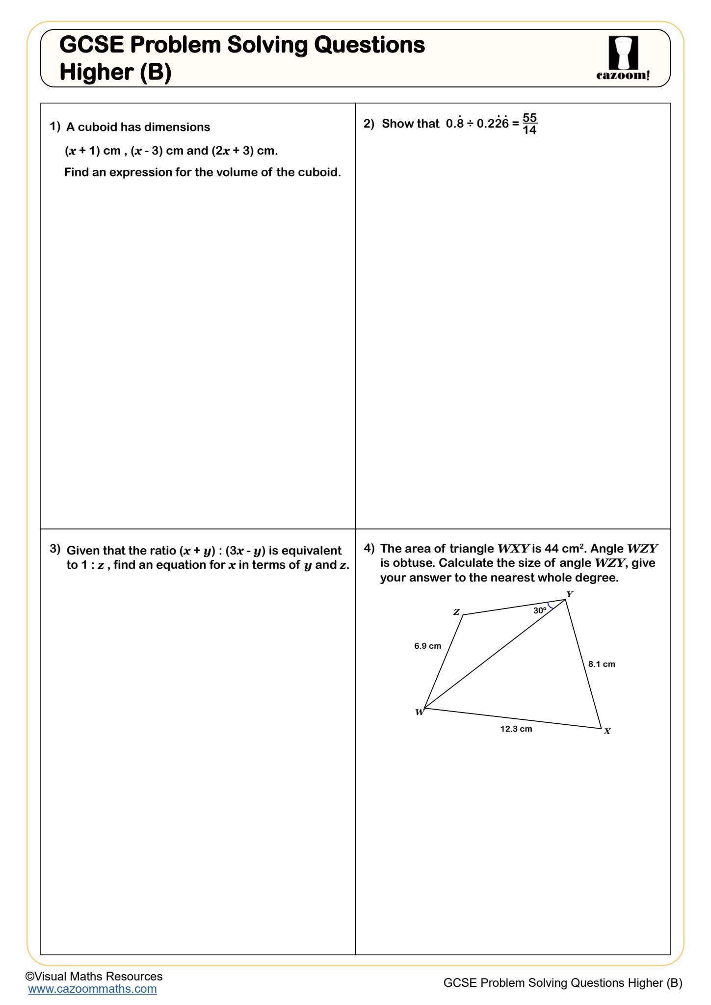 Cazoom Maths GCSE Problem Solving Questions Higher B Worksheet