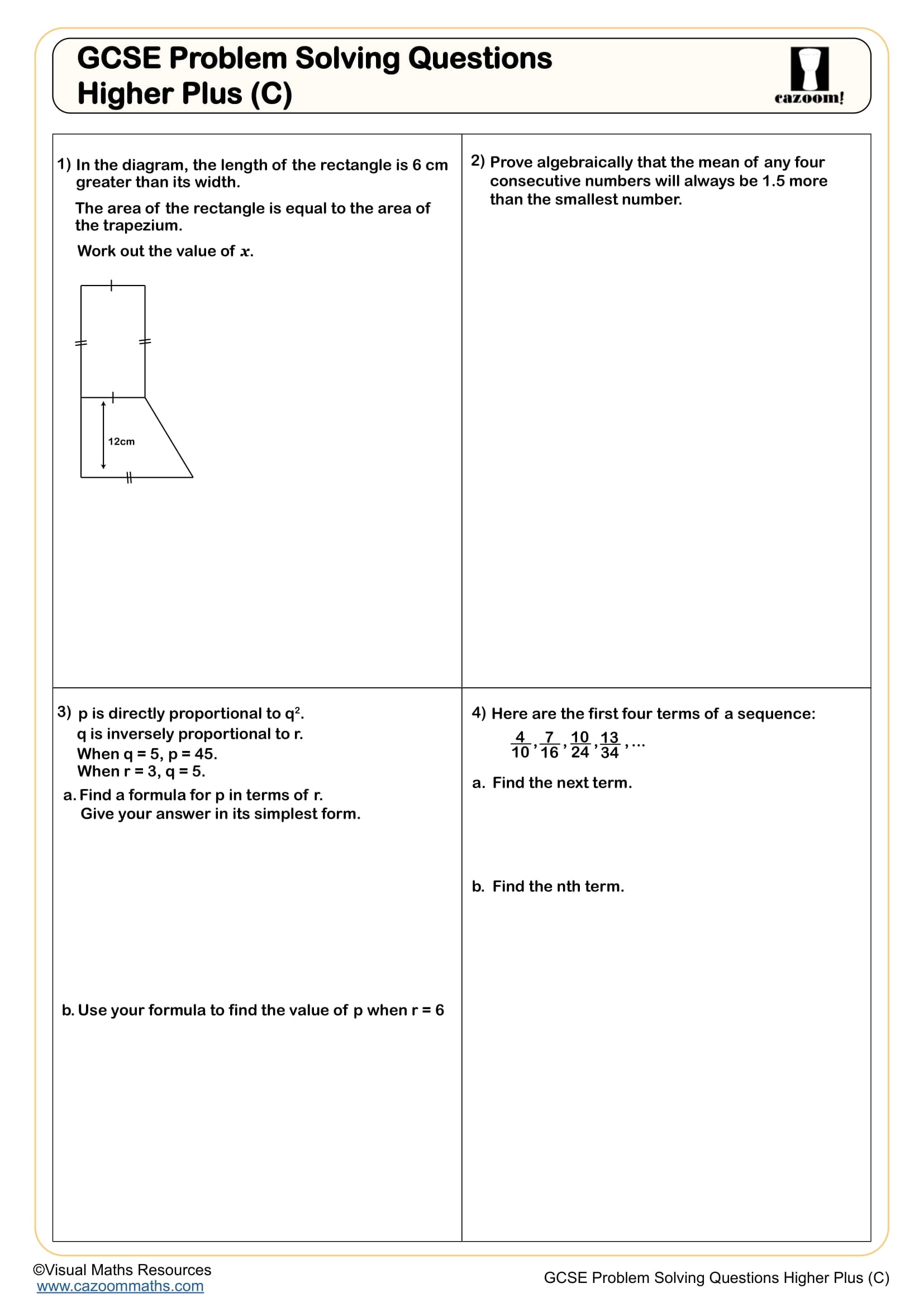 Cazoom Maths GCSE Problem Solving Questions Higher Plus C Worksheet