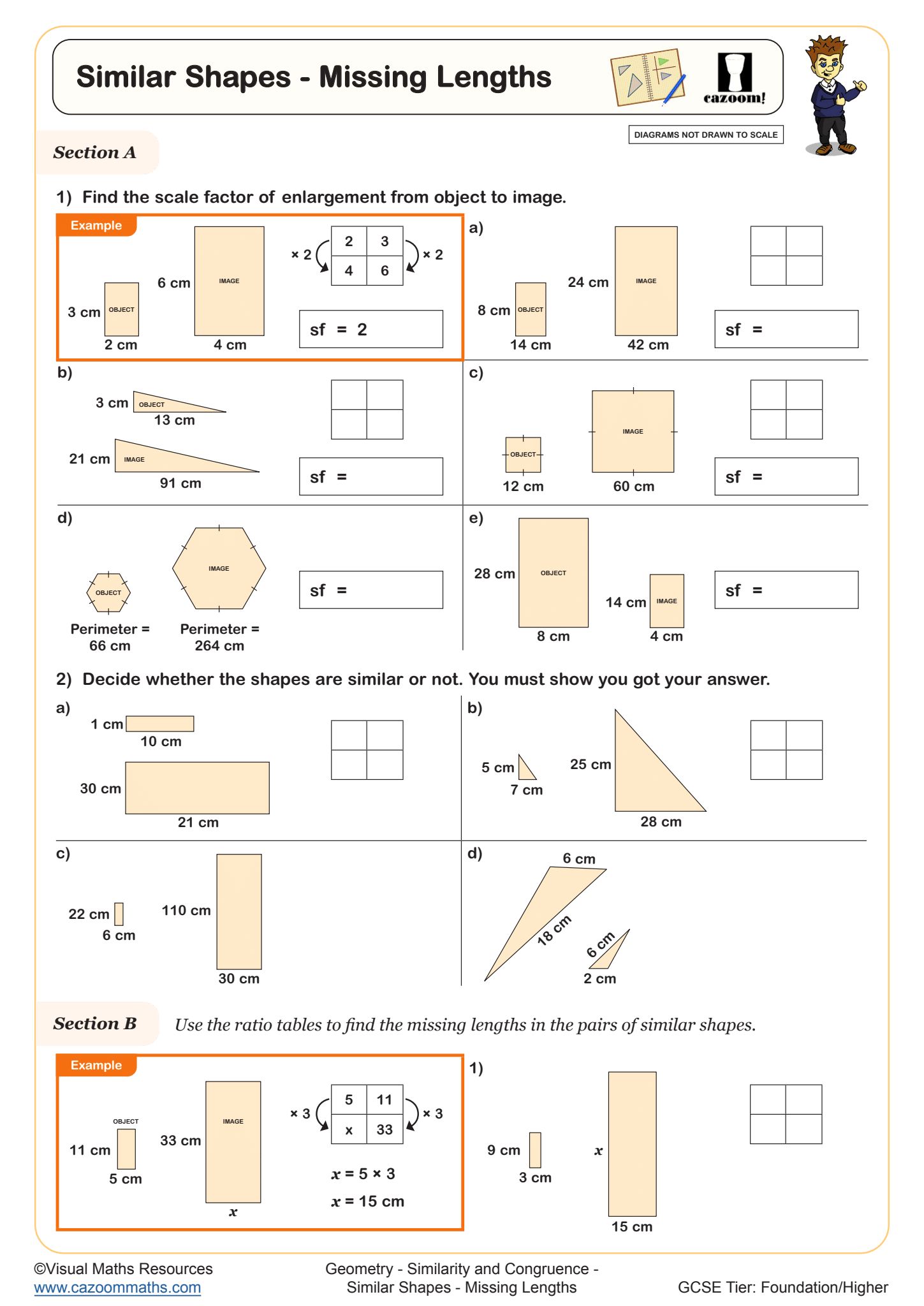 Cazoom Maths Similar Shapes Missing Lengths Worksheet