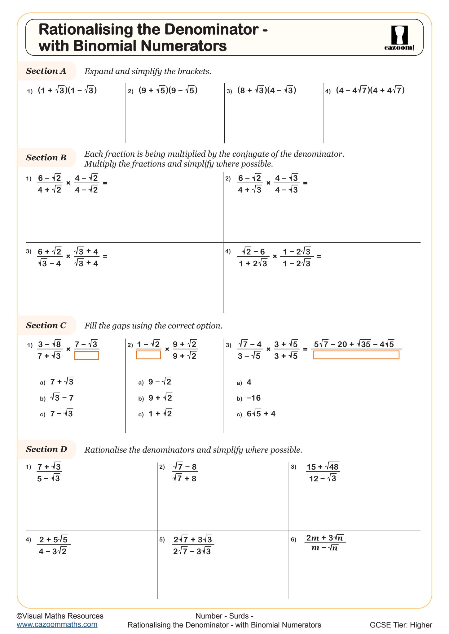 Cazoom Maths Surds Rationalising The Denominator With Binomial Numerators Worksheet