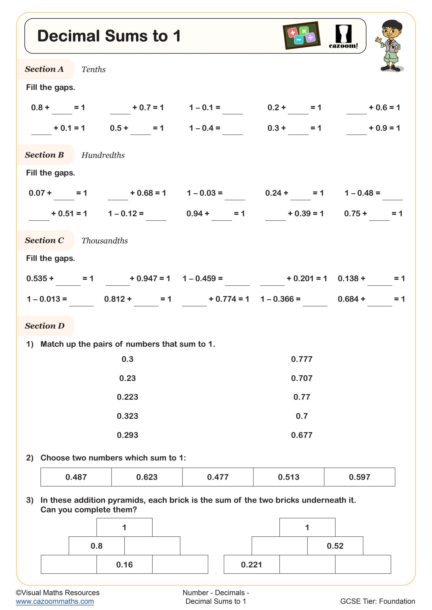 Preview of Decimal Sums to 1