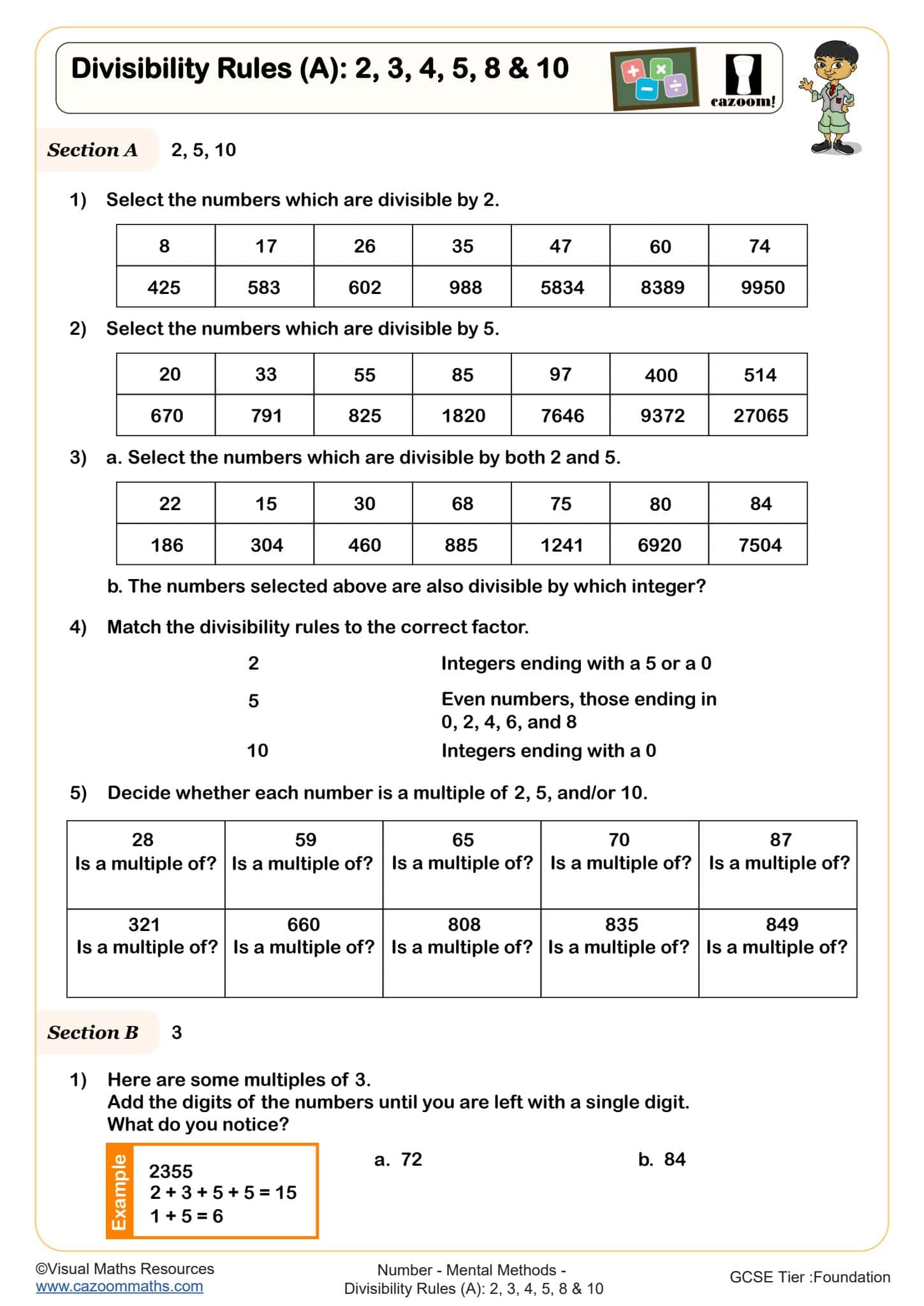 Preview of Divisibility Rules (A): 2, 3, 4, 5, 8 & 10