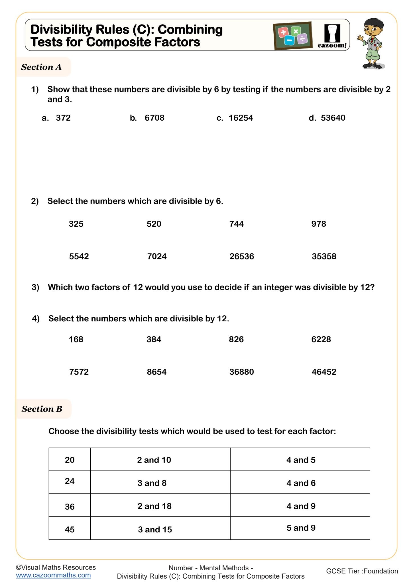 Cazoom Maths Divisibility Rules C Combining Tests For Composite Factors Worksheet