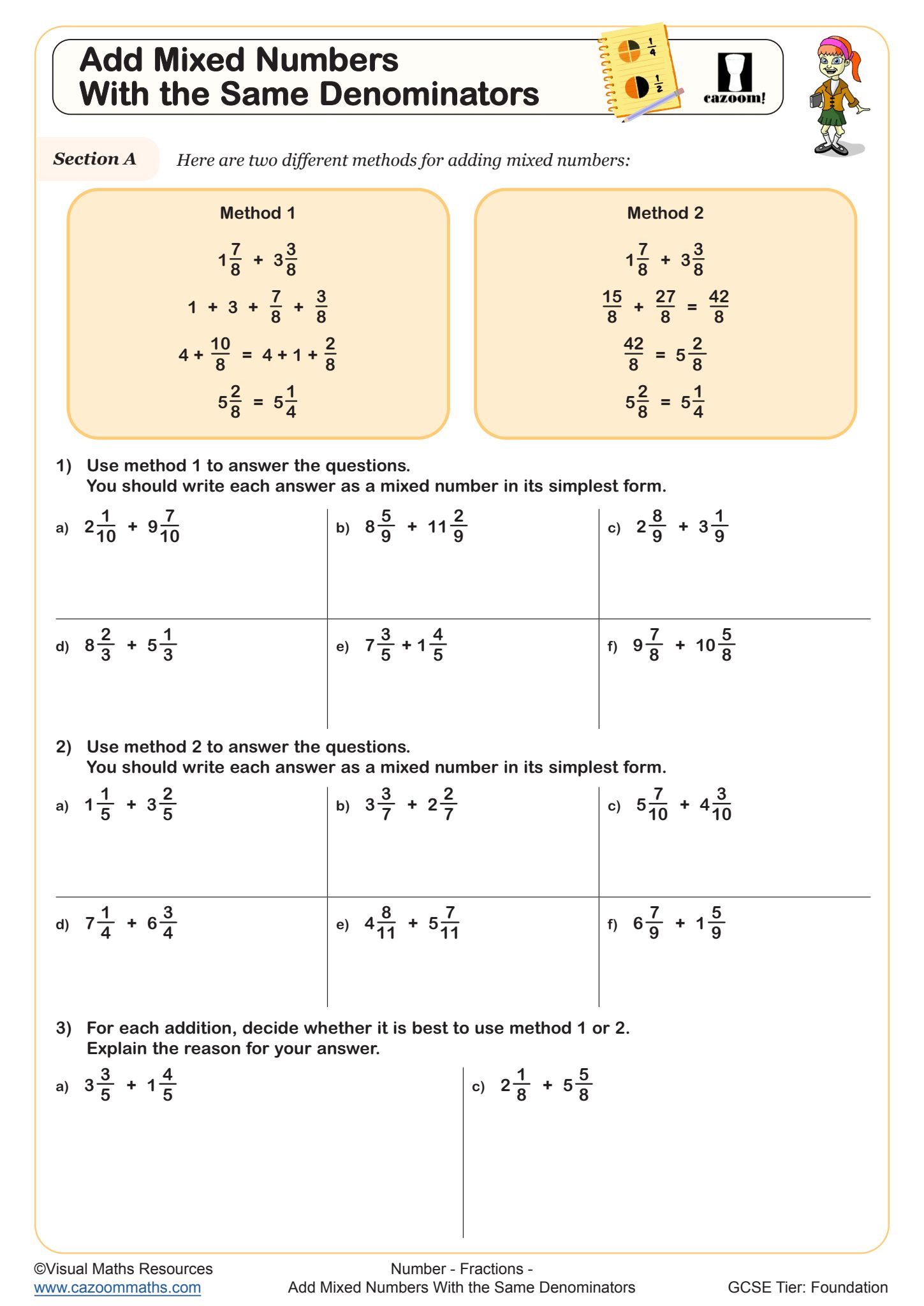 Cazoom Maths Fractions Add Mixed Numbers With The Same Denominators Worksheet