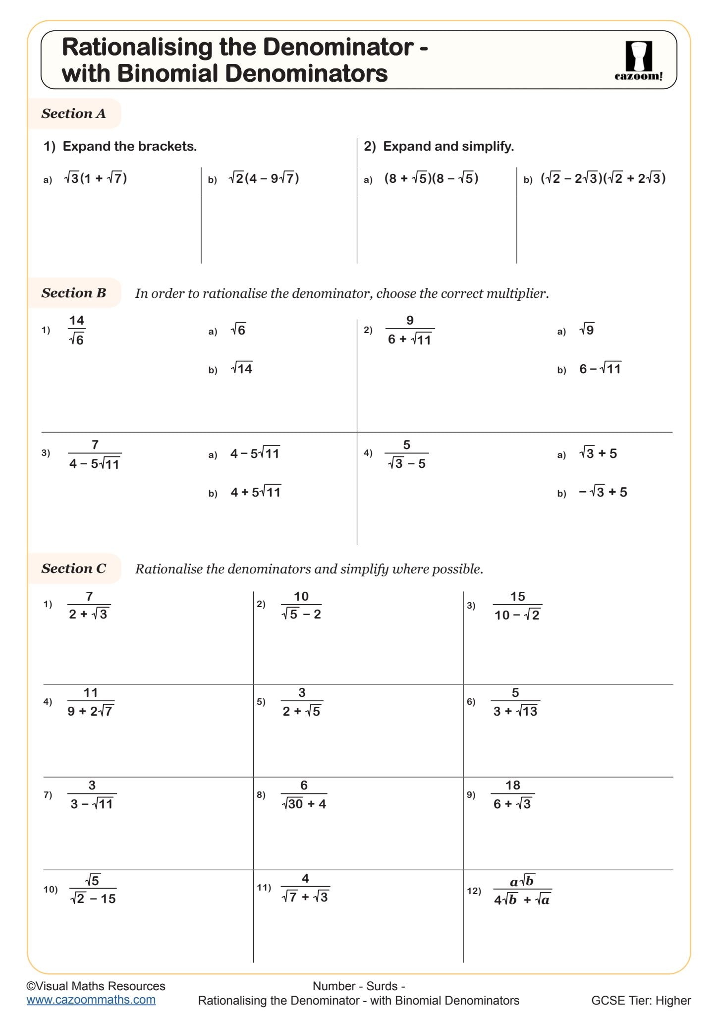Cazoom Maths Rationalising The Denominator With Binomial Denominators Worksheet