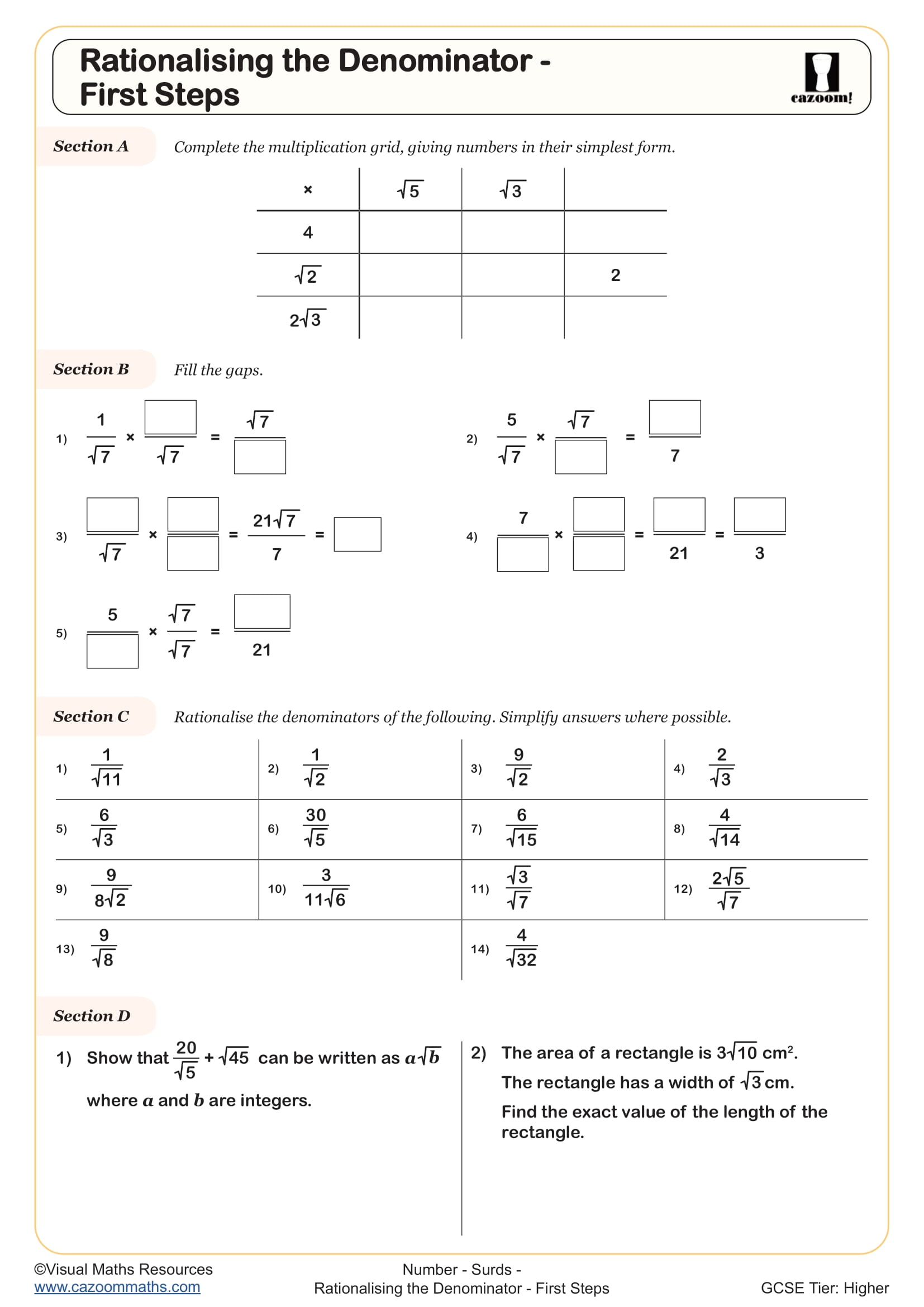 Preview of Rationalising the Denominator - First Steps