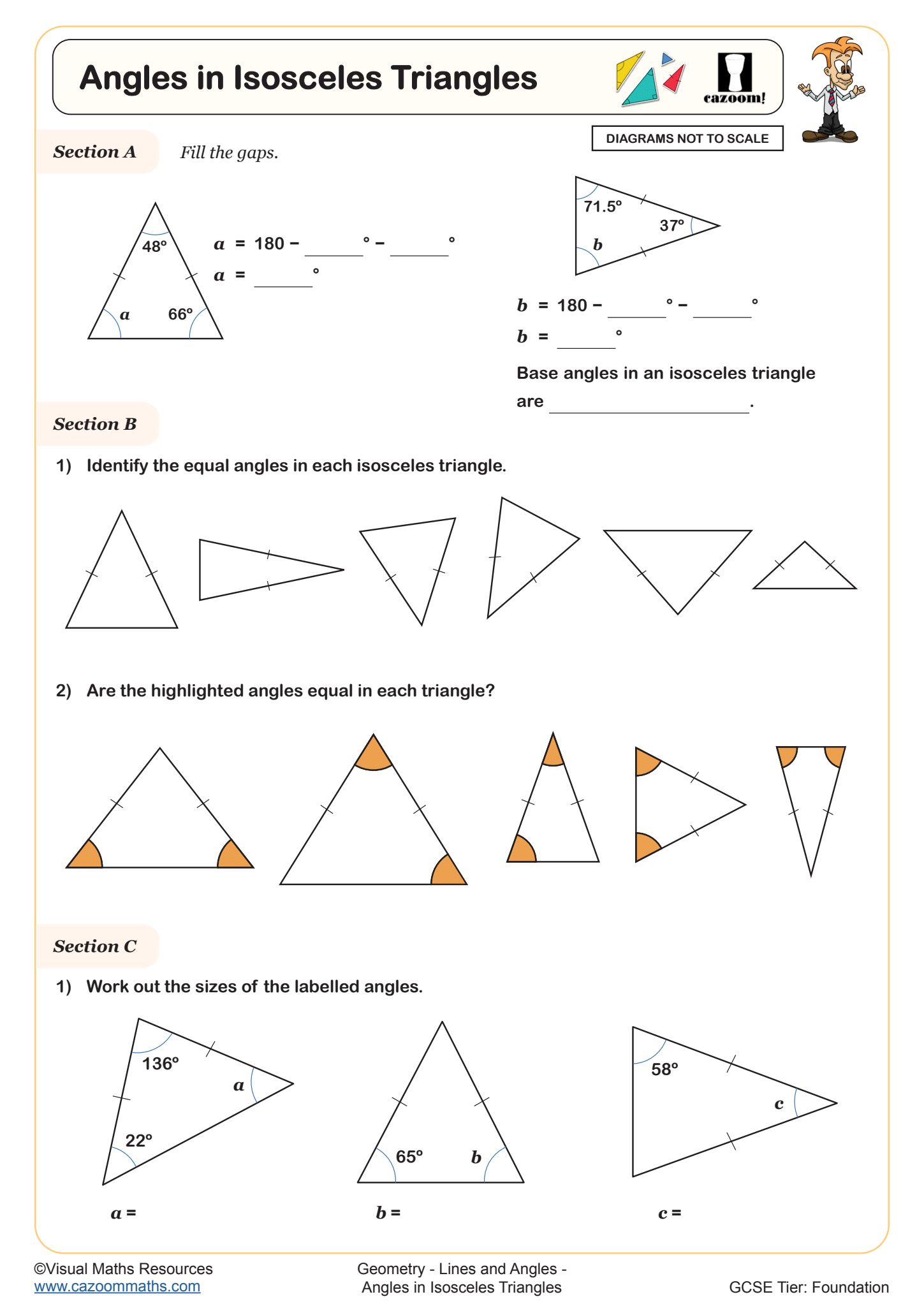 Cazoom Maths Lines And Angles Angles In Isosceles Triangles Worksheet