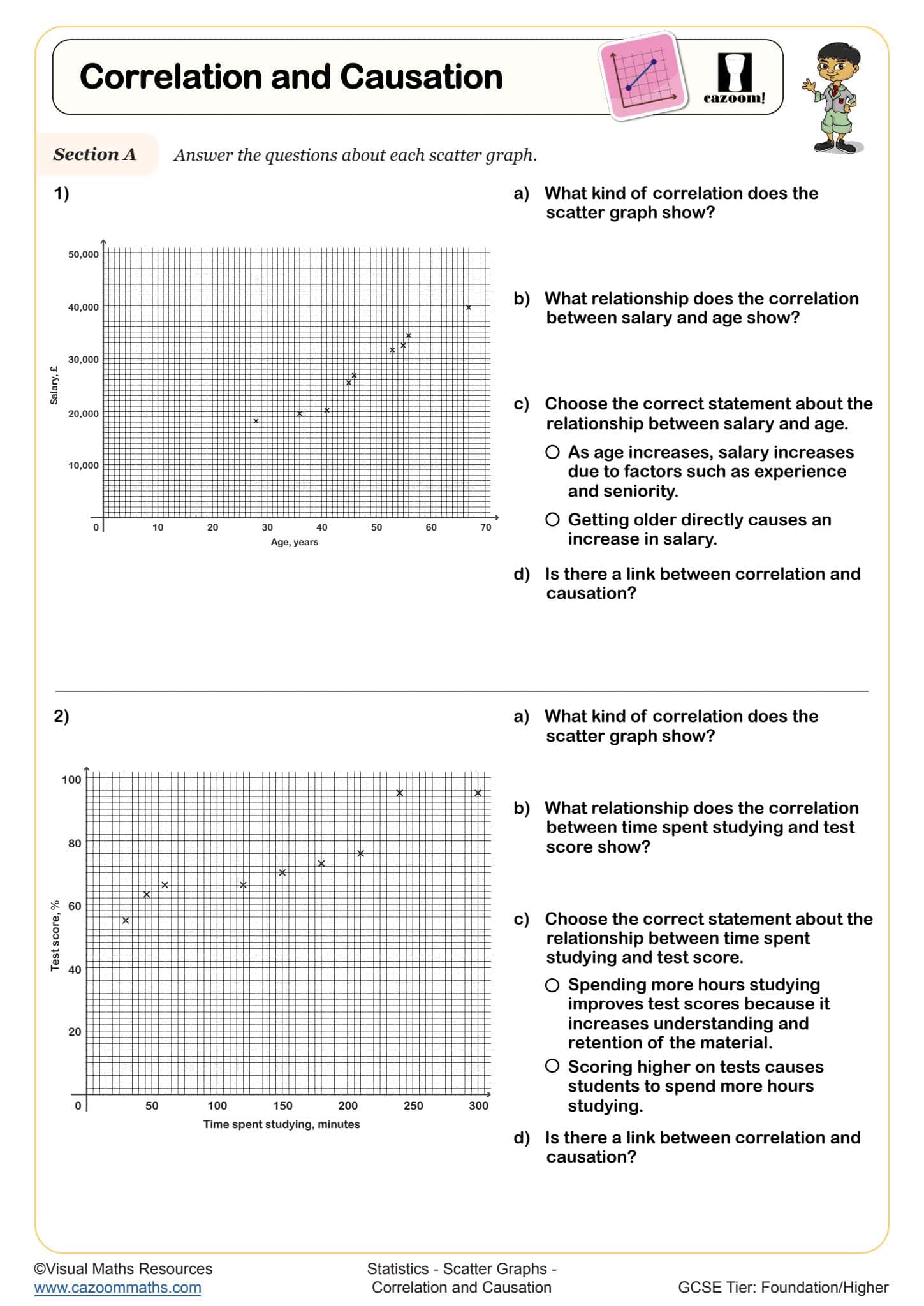 Cazoom Maths Scatter Graphs Correlation And Causation Worksheet
