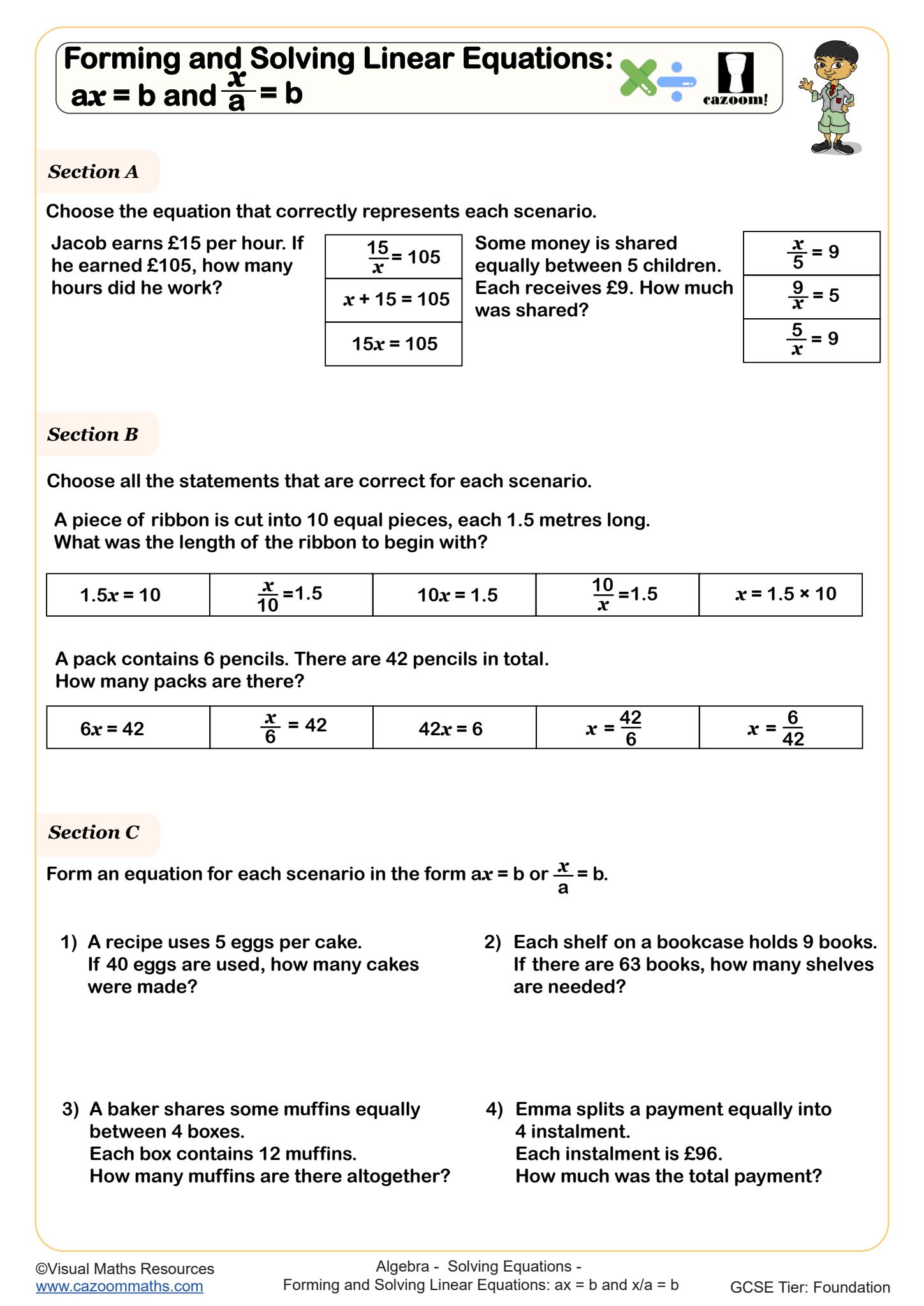 Cazoom Maths Solving Equations Forming And Solving Linear Equations Ax B And Xab Worksheet