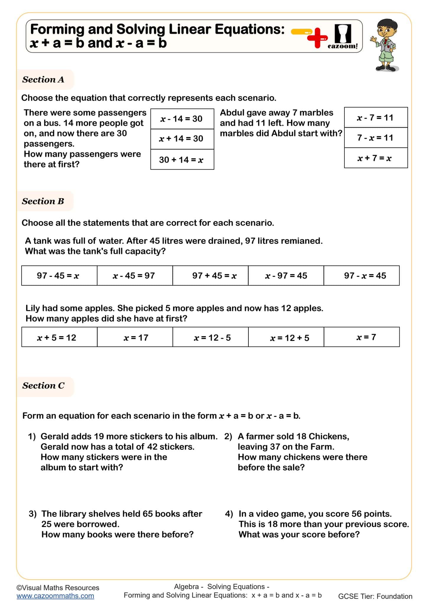 Preview of Forming and Solving Linear Equations: x + a = b and x - a = b